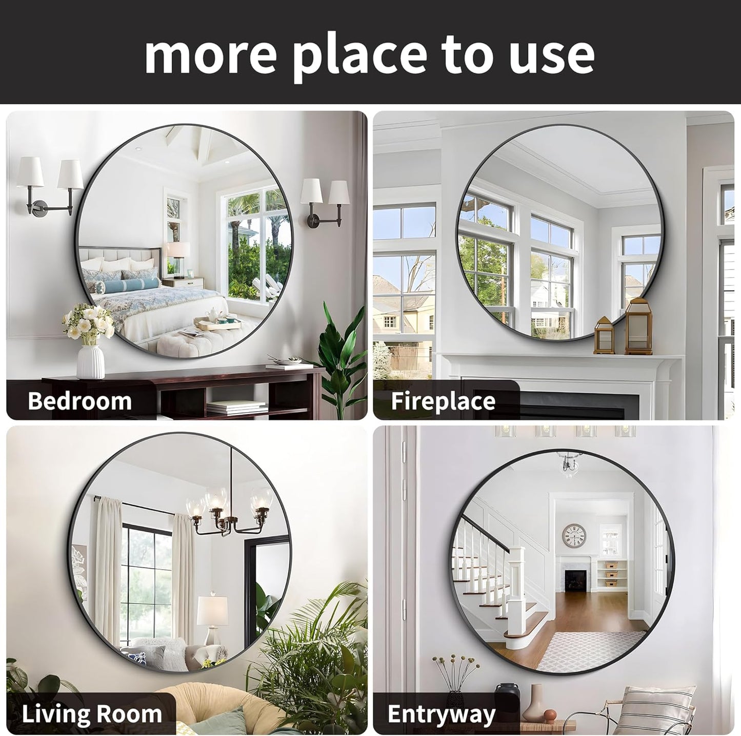 Black Round Mirror, 48" Wall Mounted Aluminum Alloy Frame - Large Round Mirror for Bathroom, Entryway, Living Room