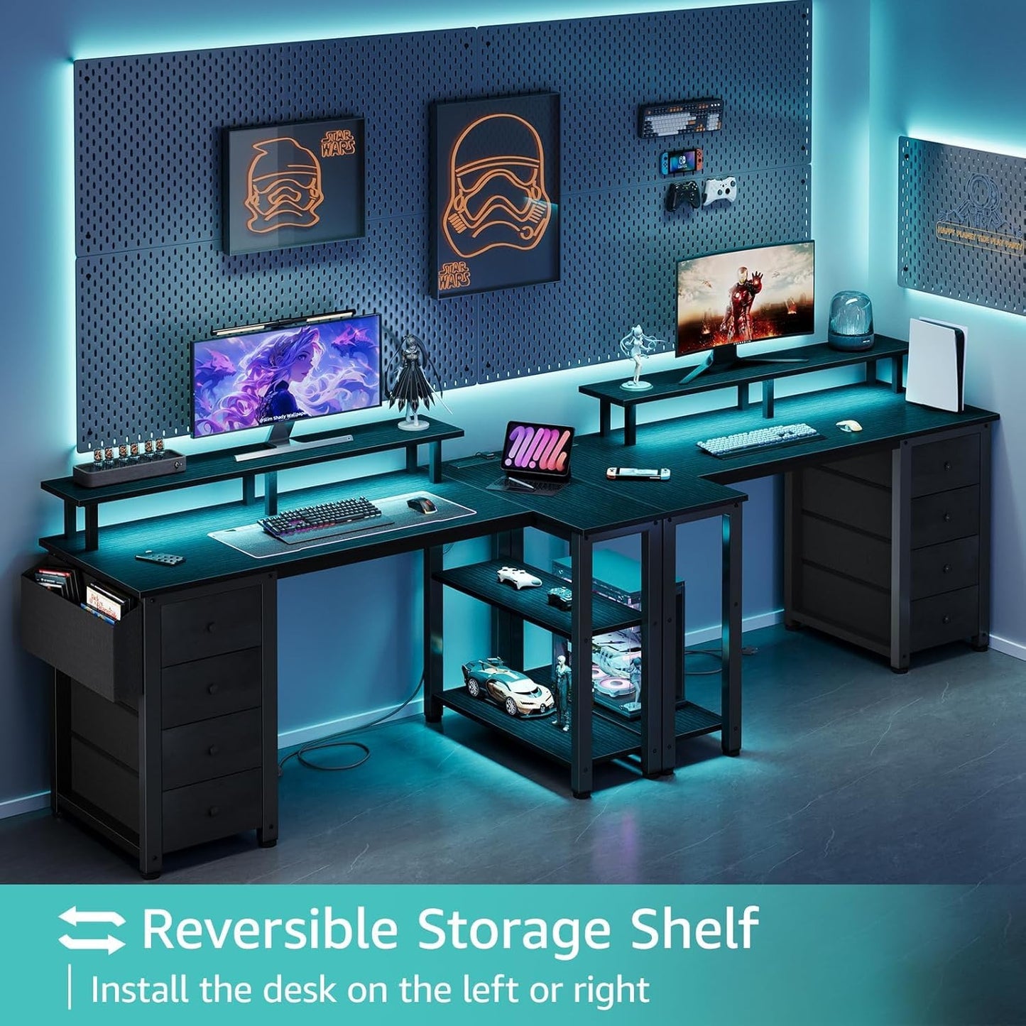 Lufeiya Black L Shaped Desk with Led Lights and Power Outlets, 47 Inch Writing Study Computer Gaming Desks with Fabric Drawers for Bedroom, Home Office Corner Desk with Monitor Stand Shelves, Black