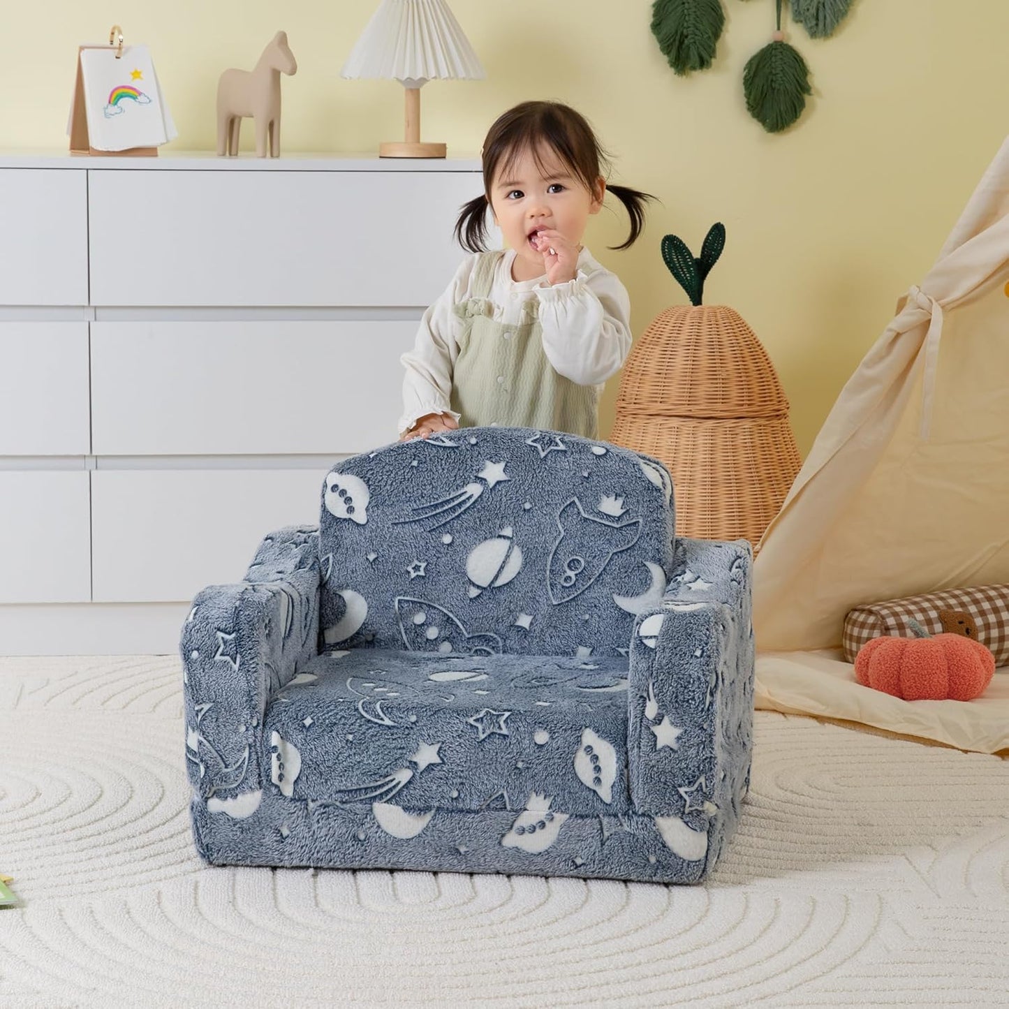 Thick Comfy Toddler Chair and Couch for Kids,2-in-1 Soft Plush Fold Out Sofa for Children,Convertible Couch to Lounger for Toddler