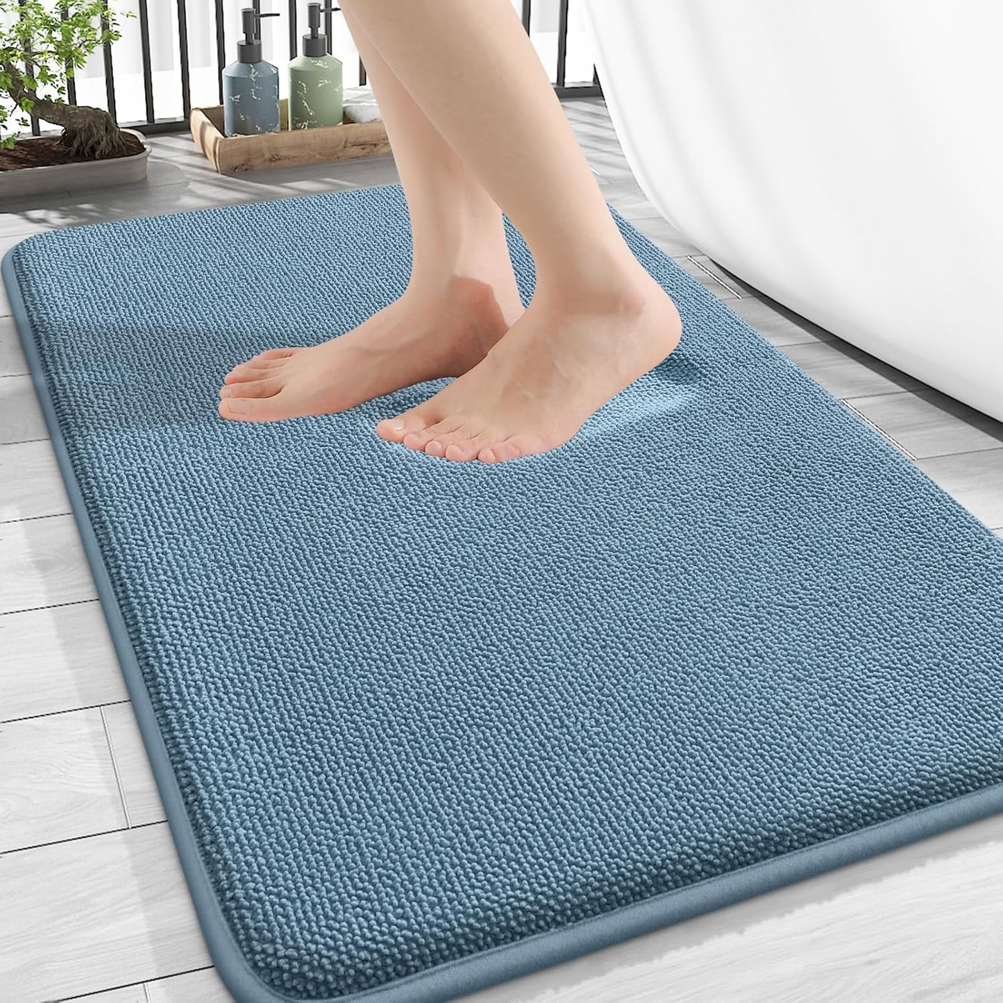 OLANLY Thick Memory Foam Bath Mat Rug 30x20, Extra Soft Absorbent Bathroom Rug, Quick Dry Bath Mats, Non-Slip, Machine Washable Carpet for Bathroom, Tub and Shower, Home Decor Accessories, Airy Blue