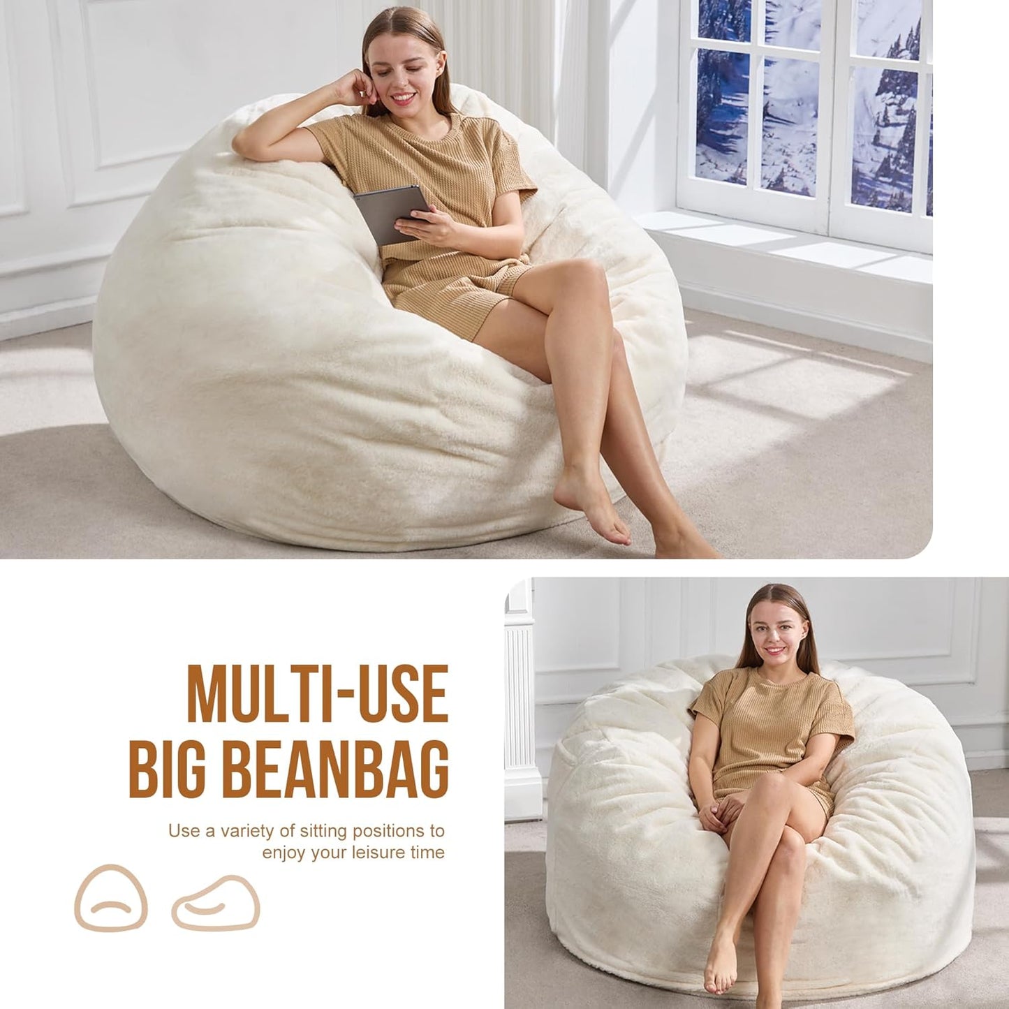 Hobestluk 5ft Bean Bag Chairs for Adults Large Beanbag Chair with Plush Faux Fur Cover Big Bean Bag Chair for Living Room Bedroom Dorm Office - White (50” x 50” x 24")