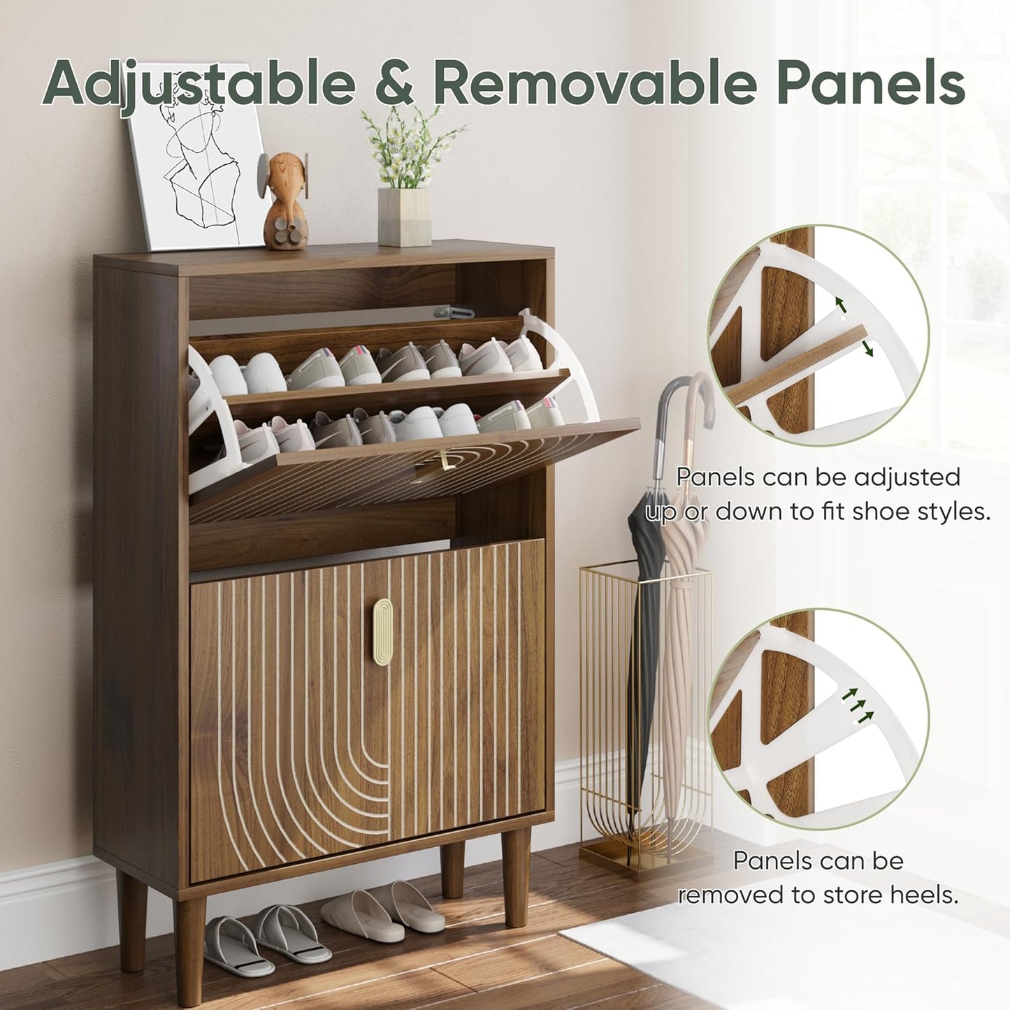 Smuxee Shoe Cabinet with 2 Flip Drawers, 23.6" Walnut Hidden Shoe Storage Cabinet with Line Groove Design, Freestanding Shoe Organizer Cabinet for Entryway, Hallway, Living Room