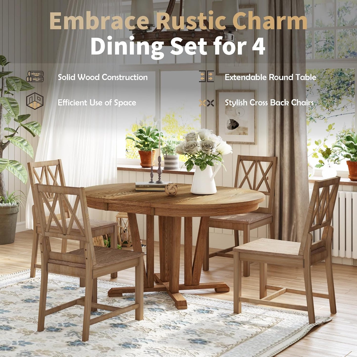 Ball & Cast Rustic 5-Piece Extendable Dining Table Set for 4,Round Trestle Table and 4 Cross Back Chairs,15.8" Removable Leaf,Wood Kitchen Sets,Intimate Gatherings or Larger Gatherings,Brown