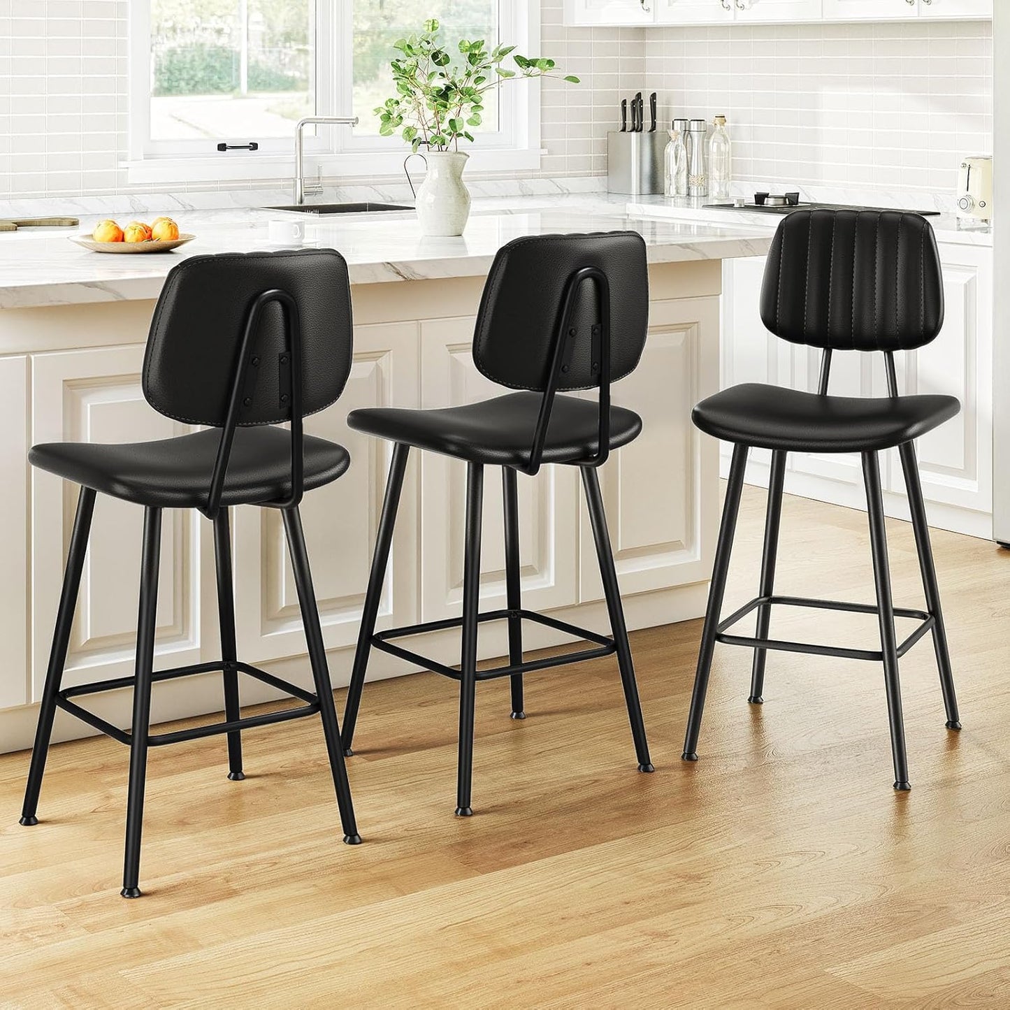 24-Inch Leather Bar Stools Set of 3, Counter Height Barstools with High Backrest，Bar Chairs for Kitchen Island with Heavy Duty Metal Legs, Black