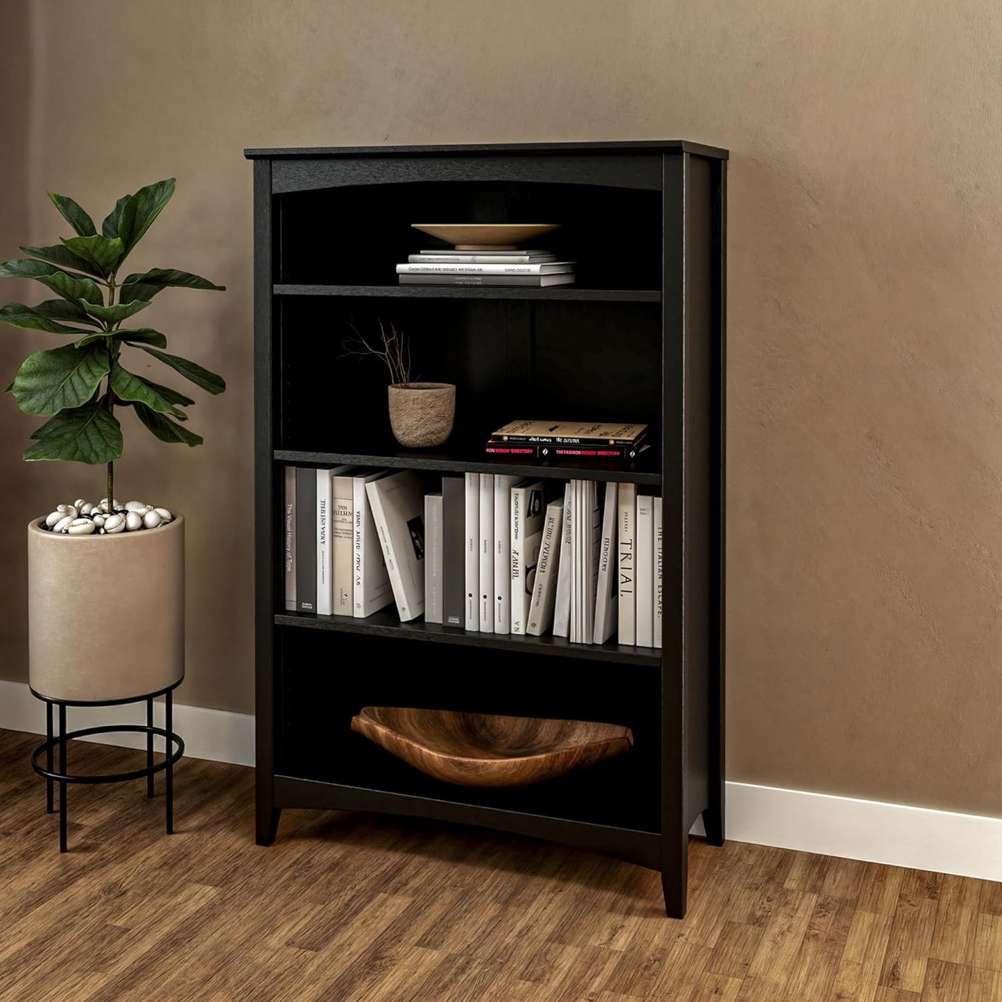 Camaflexi Shaker Style 4 Shelf Bookcase/Solid Wood / 48" High/Adjustable Shelving/Closed Back/Display Bookshelf for Living Room, Bedroom, Home and Office, Black