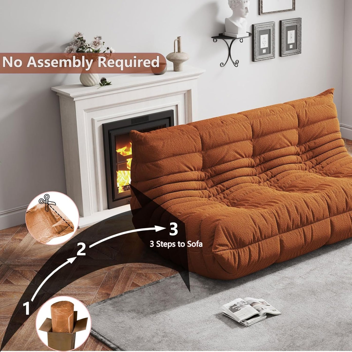 Bean Bag Chairs for Adults, BeanBag Reading Chair Memory Foam Couch 3-Seater, Floor Chair Soft Teddy Material, Comfy Reading Nook Chairs for Bedroom Living Room Office (Orange)