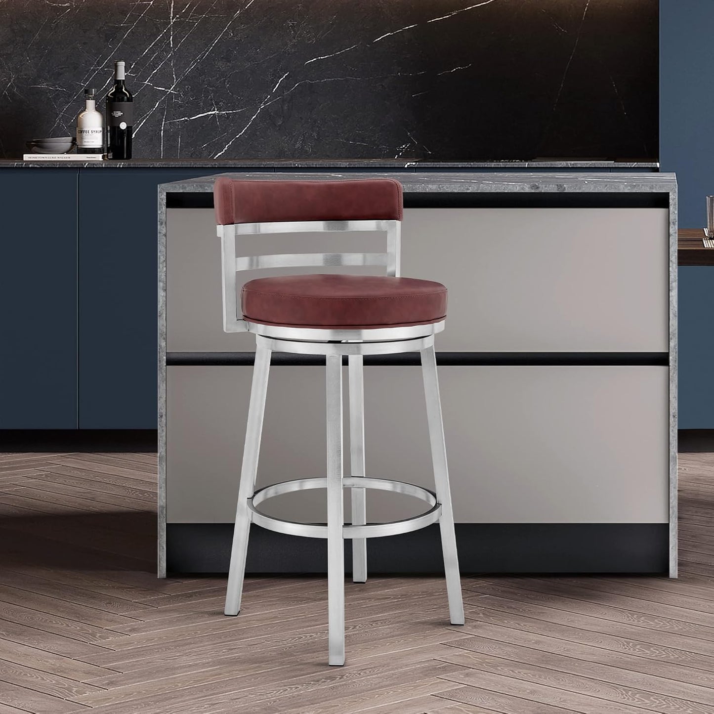 Armen Living Titana 26" Counter Height Swivel Red Faux Leather and Brushed Stainless Steel Bar Stool
