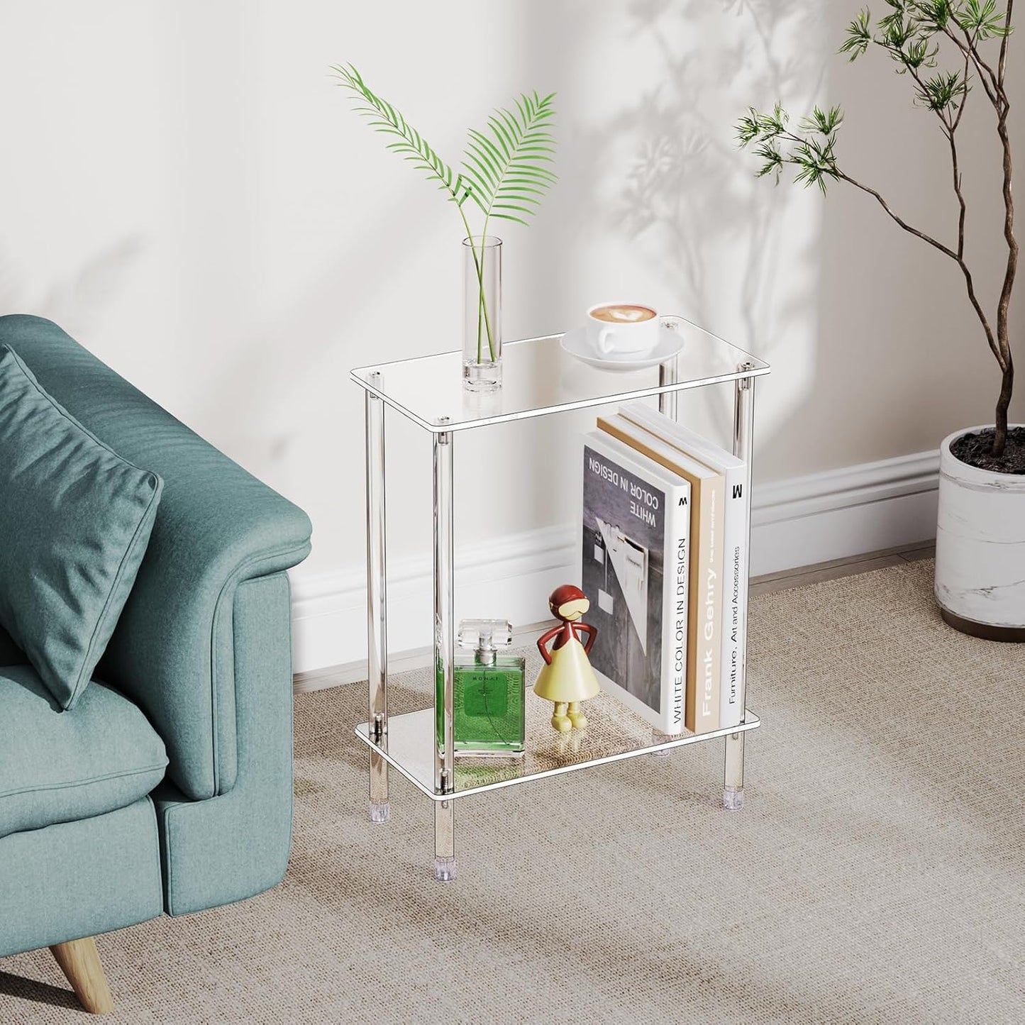 Clear Acrylic Narrow Side Table Set of 2 for Small Spaces, 15.75" L x 7.87" W x 19.82" H, 2 Tier Rectangle Slim End Table Nightstand, Small Bedside Table for Bedroom, Bathroom, Living Room