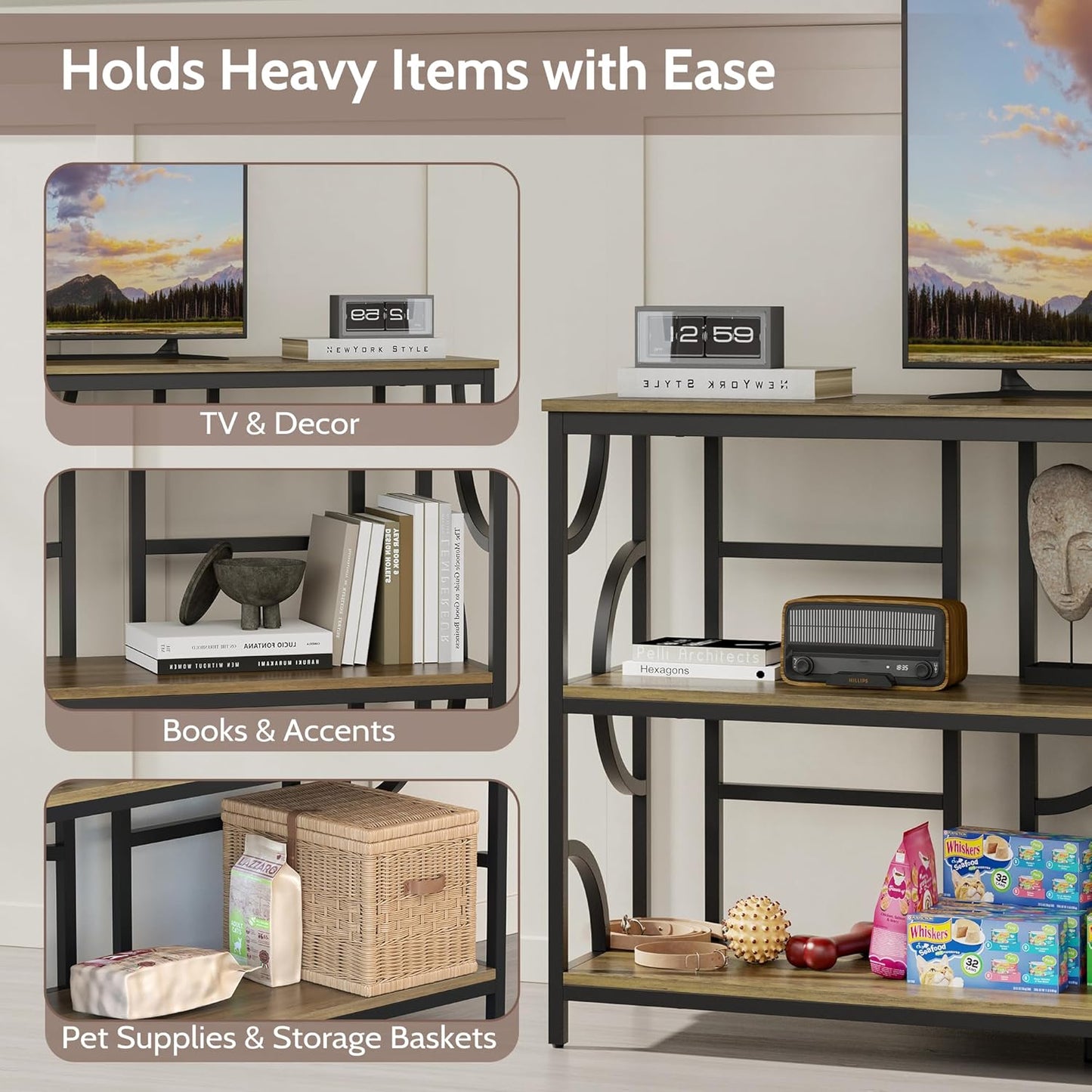 70.9-Inch Industrial Sofa Table, Extra Long Console Table Behind Couch with 3-Tier Storage Shelves, Rustic Brown Finish for Entryway, Living Room, Foyer, Hallway, and Office