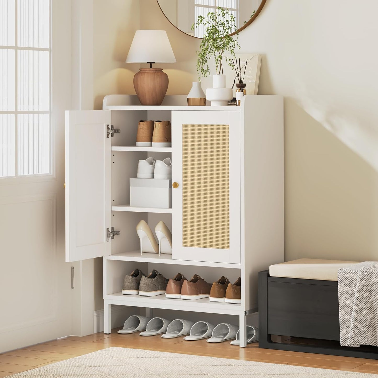 Rattan Shoe Cabinet Storage for Entryway, Shoe Cabinet with Adjustable Shelves for Entryway, 5-Tier, 20 Pair Shoe Rack Storage for Hallway, Closet, Living Room, White