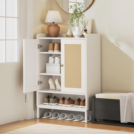 Rattan Shoe Cabinet Storage for Entryway, Shoe Cabinet with Adjustable Shelves for Entryway, 5-Tier, 20 Pair Shoe Rack Storage for Hallway, Closet, Living Room, White