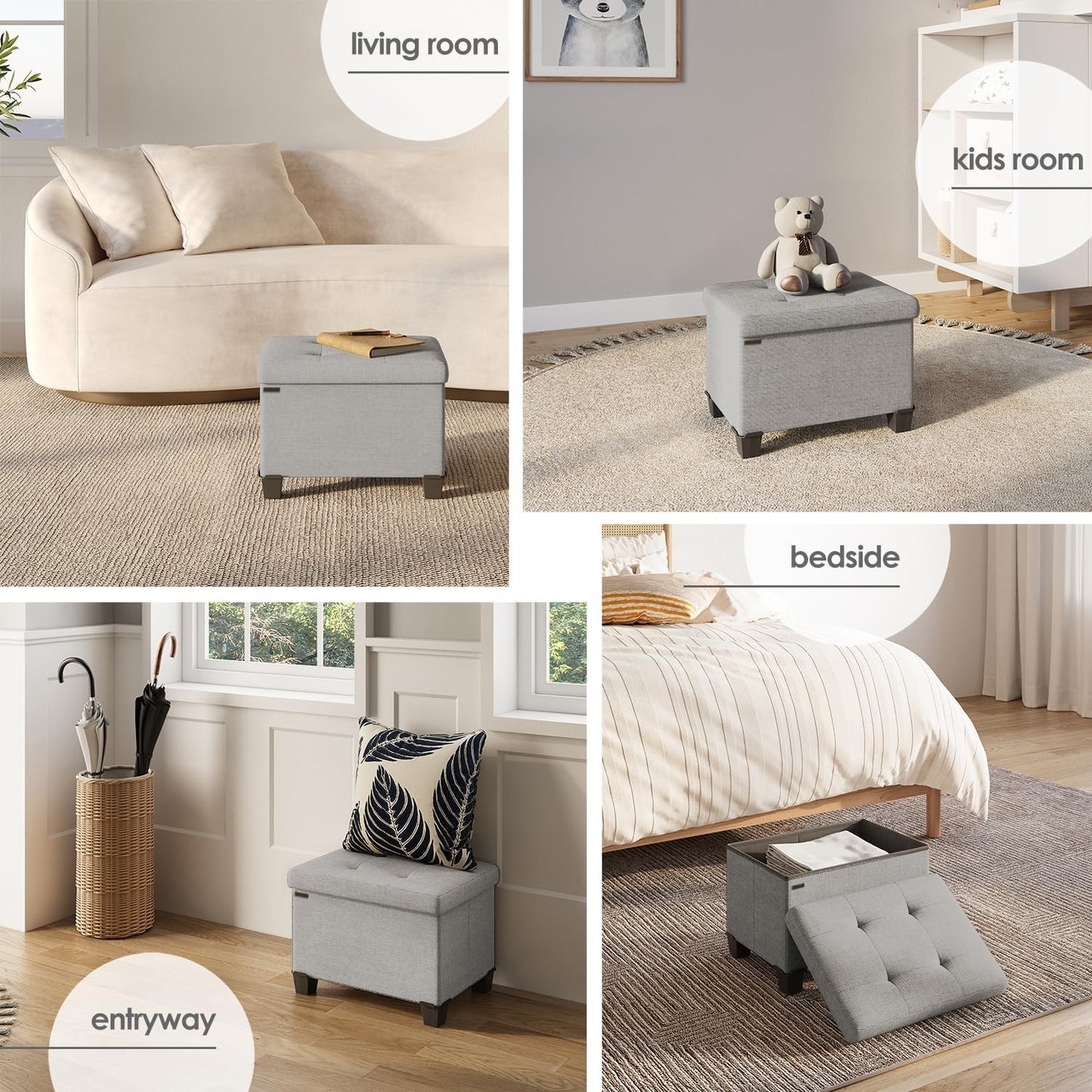 STORAGEBUD Storage Ottoman Cube with Small Bin, 16-in Square Ottoman with Storage for Living Room and Bedroom, Small Ottomans Foot Rest, Fabric Foot Stools Ottomans Max 330lbs, Light Grey