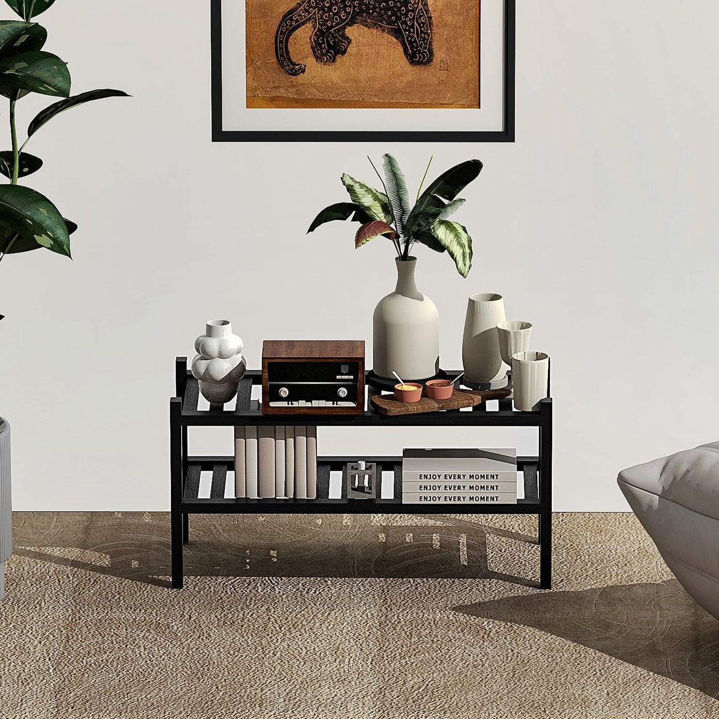 Shoe Rack 2-Tier Organizer-Stackable Storage Shelf with Multi-Function Combinations-Free Standing Bamboo Shoe Racks for Closet,Entryway,Hallway,Bathroom,Living Room Shoe Organization (Black, 2-Tier)