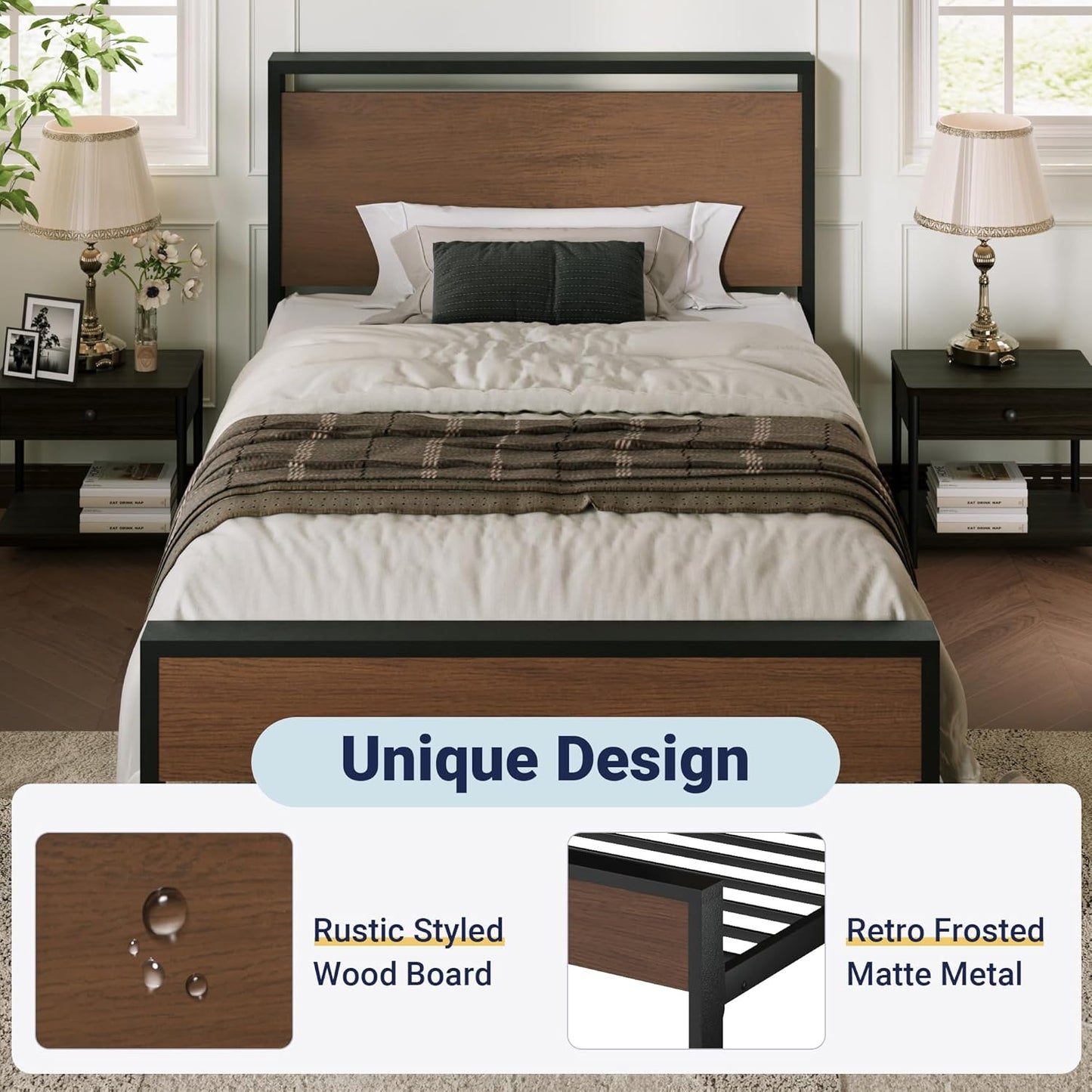 Allewie Twin Size Platform Bed Frame with Wooden Headboard and Footboard, Heavy Duty Metal Slats Support, No Box Spring Needed, Under-Bed Storage, Noise Free, Easy Assembly, Walnut