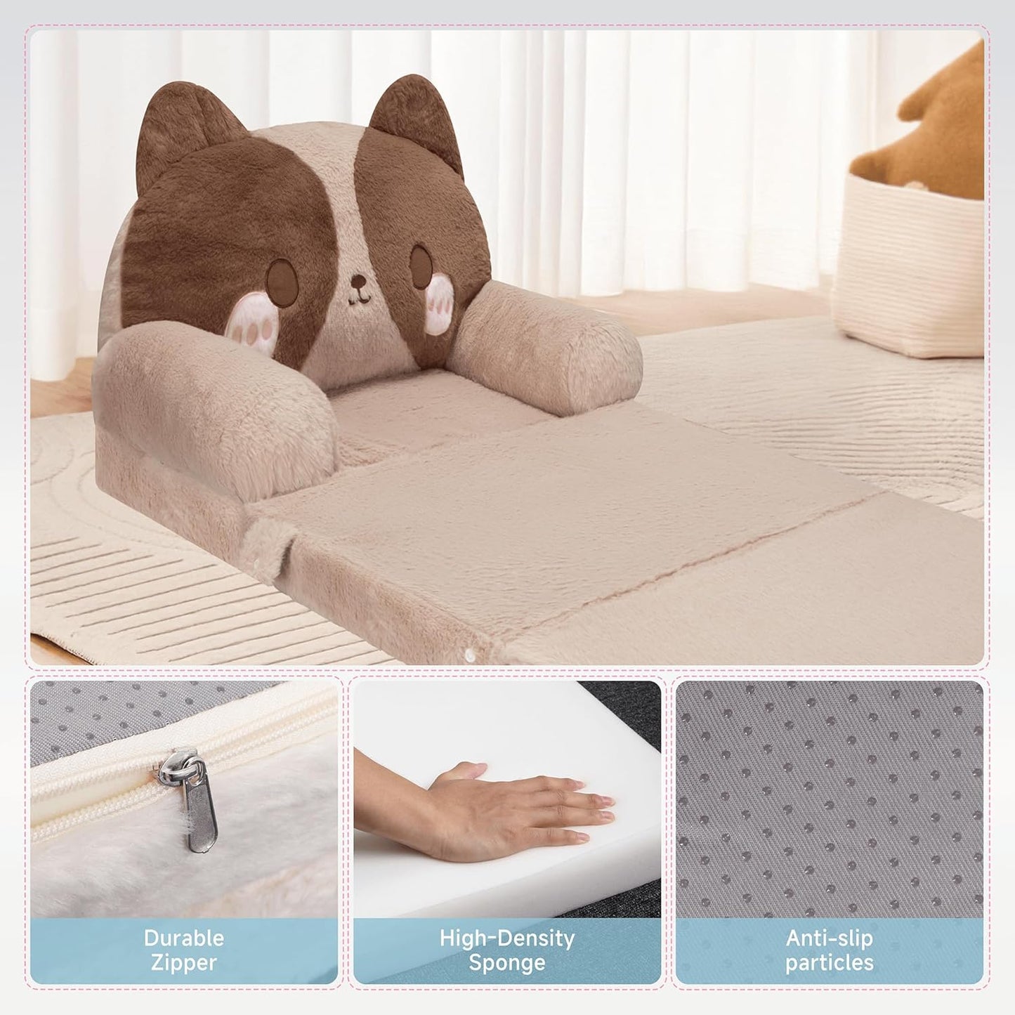 MONKISS Kids Couch, Comfy Toddler Chair, 2 in 1 Fold Out Kids Sofa to Lounger, Baby Sleeper Chair, Toddler Furniture, Birthday Gifts for Boys and Girls, 1~4 Years Old, Cute Dog