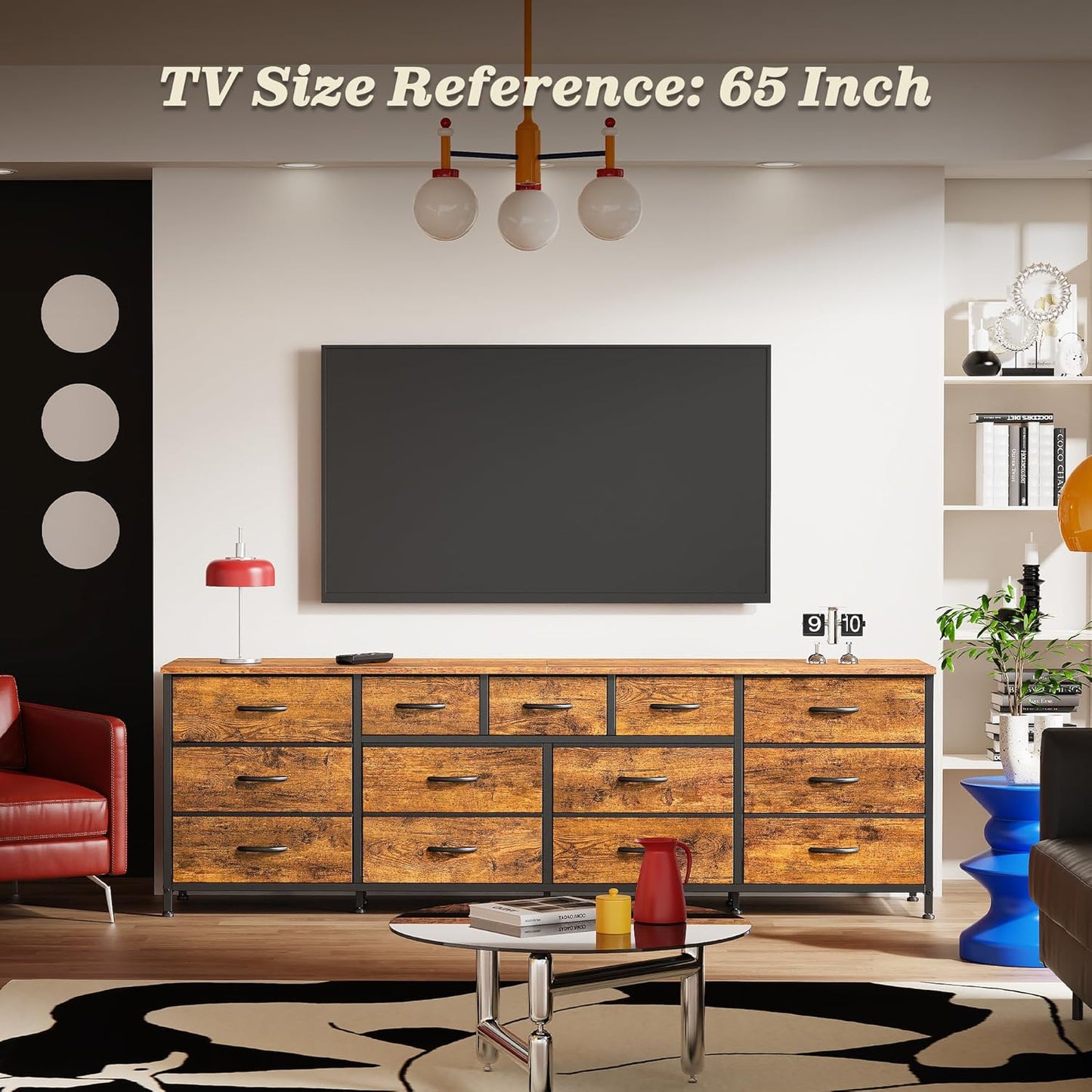 Huuger 70 Inch Dresser for Bedroom, TV Stand for 65, 75, 80 Inch TV, 13 Fabric Drawer Long Dresser, Large Entertainment Center for Bedroom, Wide Chest of Drawer with Storage, Retro Brown
