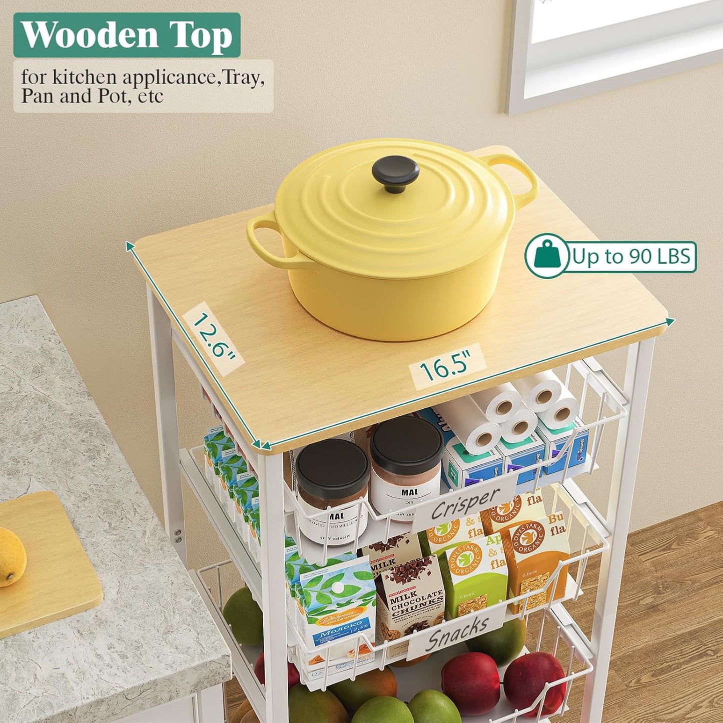 Fruit Vegetable Basket for Kitchen Pantry Storage Organizer, 4-Tier Metal Utility Kitchen Rolling Cart on Wheels with Drawer Rack and Wood Top for Potatoes Onions