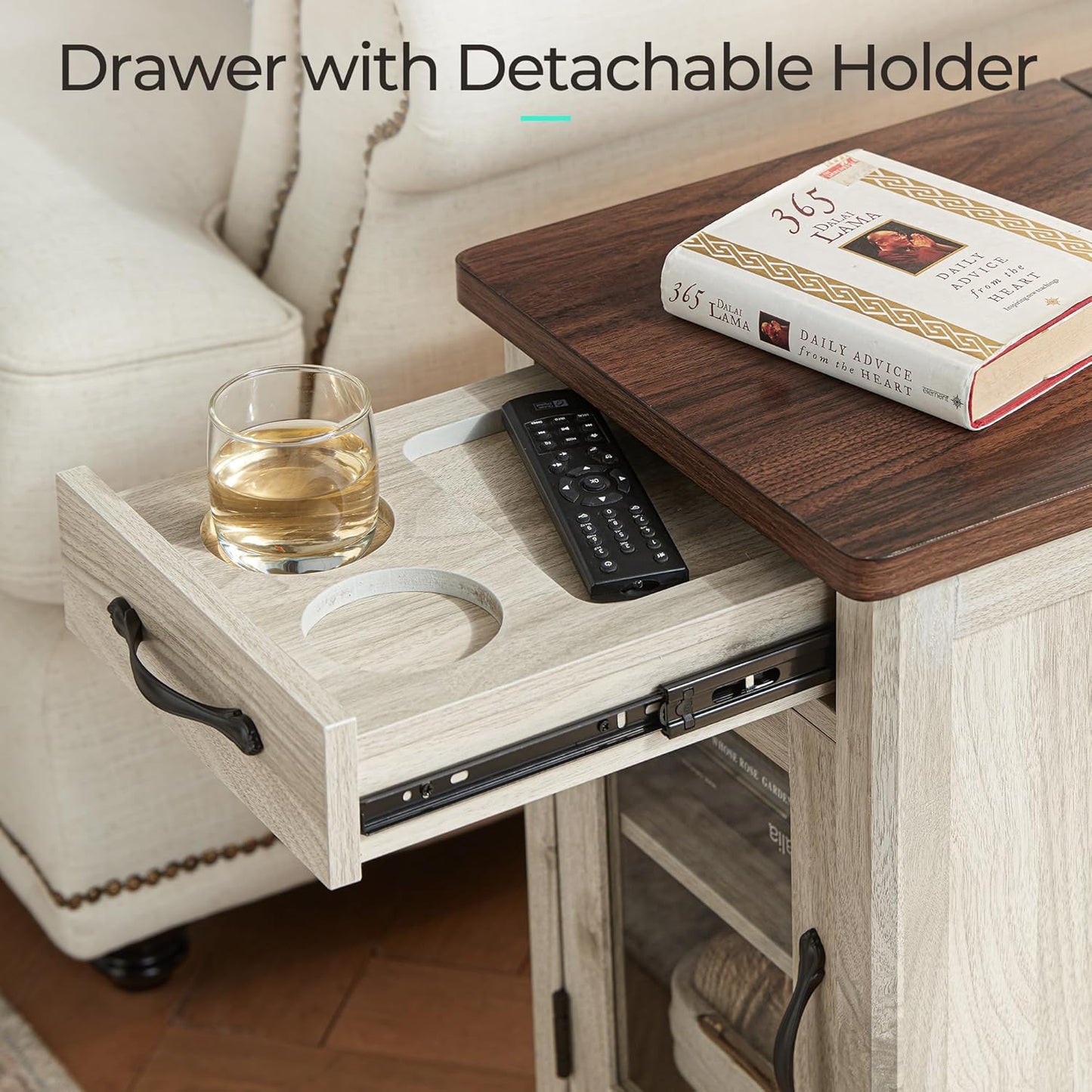 LINSY HOME End Table Set of 2 with Charging Station, Modern Farmhouse Sofa Couch Side Table, Wooden Bedside Table for Living Room, Slim Nightstand with Storage Cabinet for Small Space, Glass Door