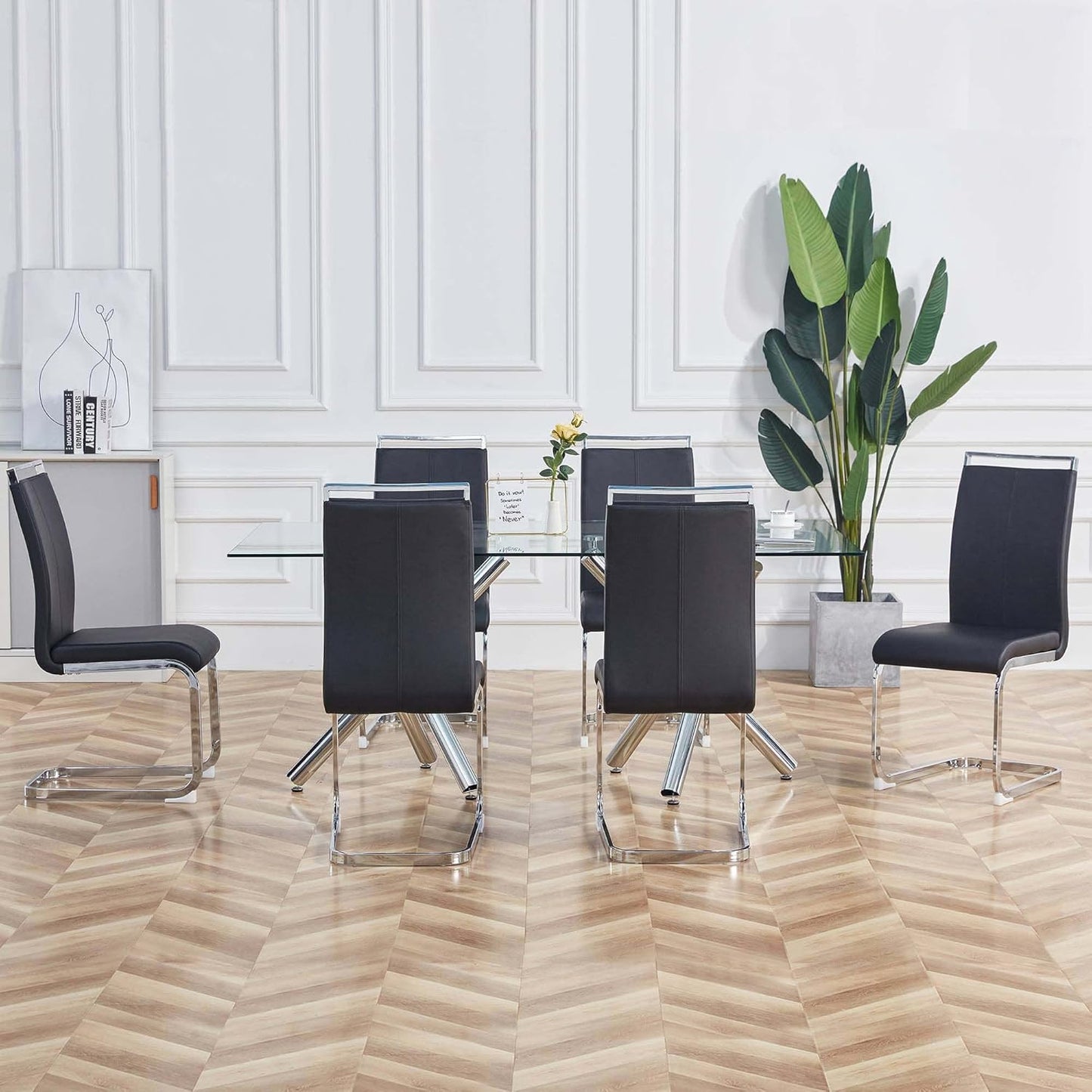 Dining Chairs Set, Kitchen Modern Metal Chairs with Faux Leather Padded Seat High Back and Sturdy Chrome Legs, Chairs for Dining Room (Black-1, Set of 4)