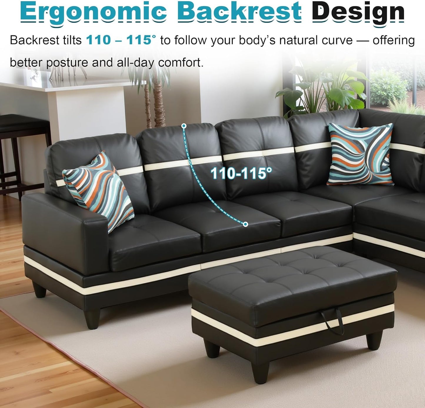 103.5" Oversized Sectional Couch, L Shaped Couch with Storage Ottoman, Modern Modular Sofa with Deep Seat, Sectional Couches for Living Room and Office, Black and White (PU Leather)