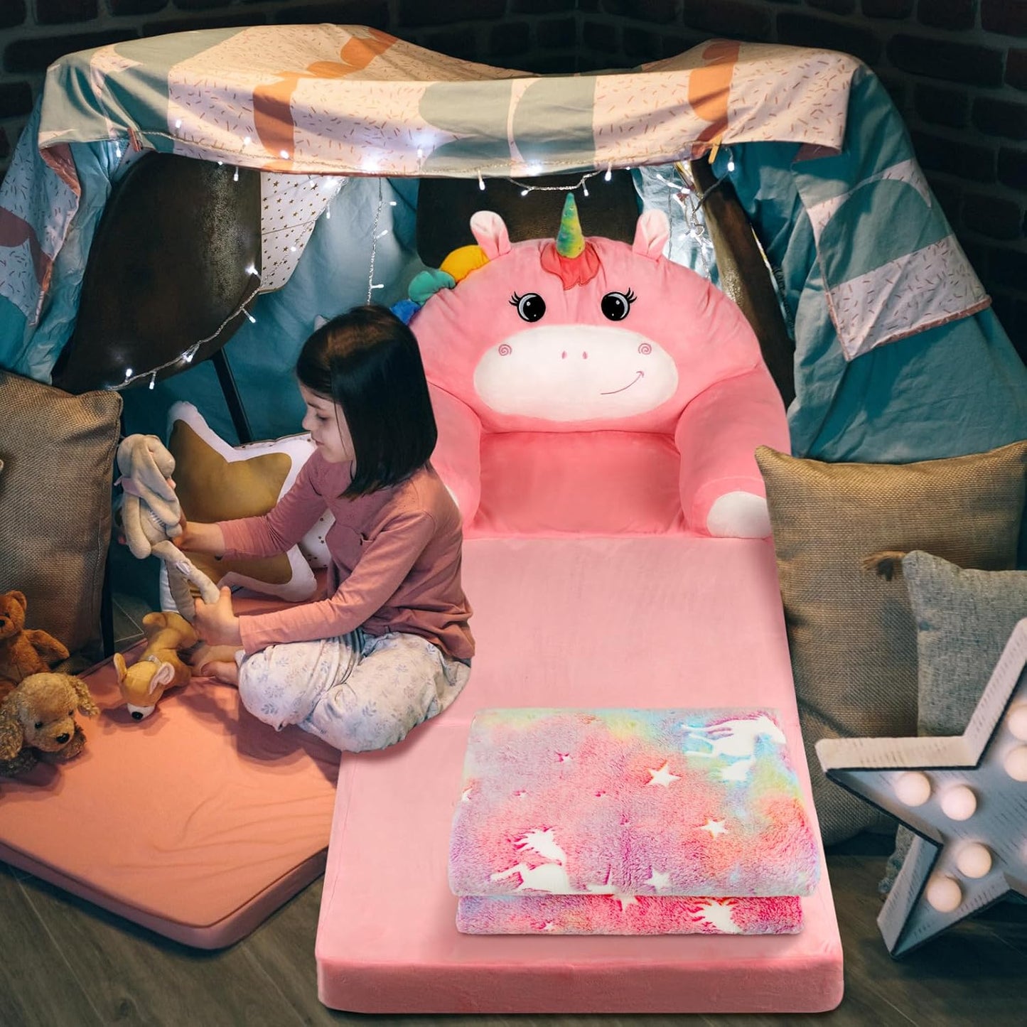 Unicorn Kids Couch Fold Out 2-in-1 Toddler Sofa Fold Out with Blanket, Soft Toddler Chair Comfy for Boys Girls Baby, Convertible Sofa to Lounger for Napping Reading Playing Christmas, Pink