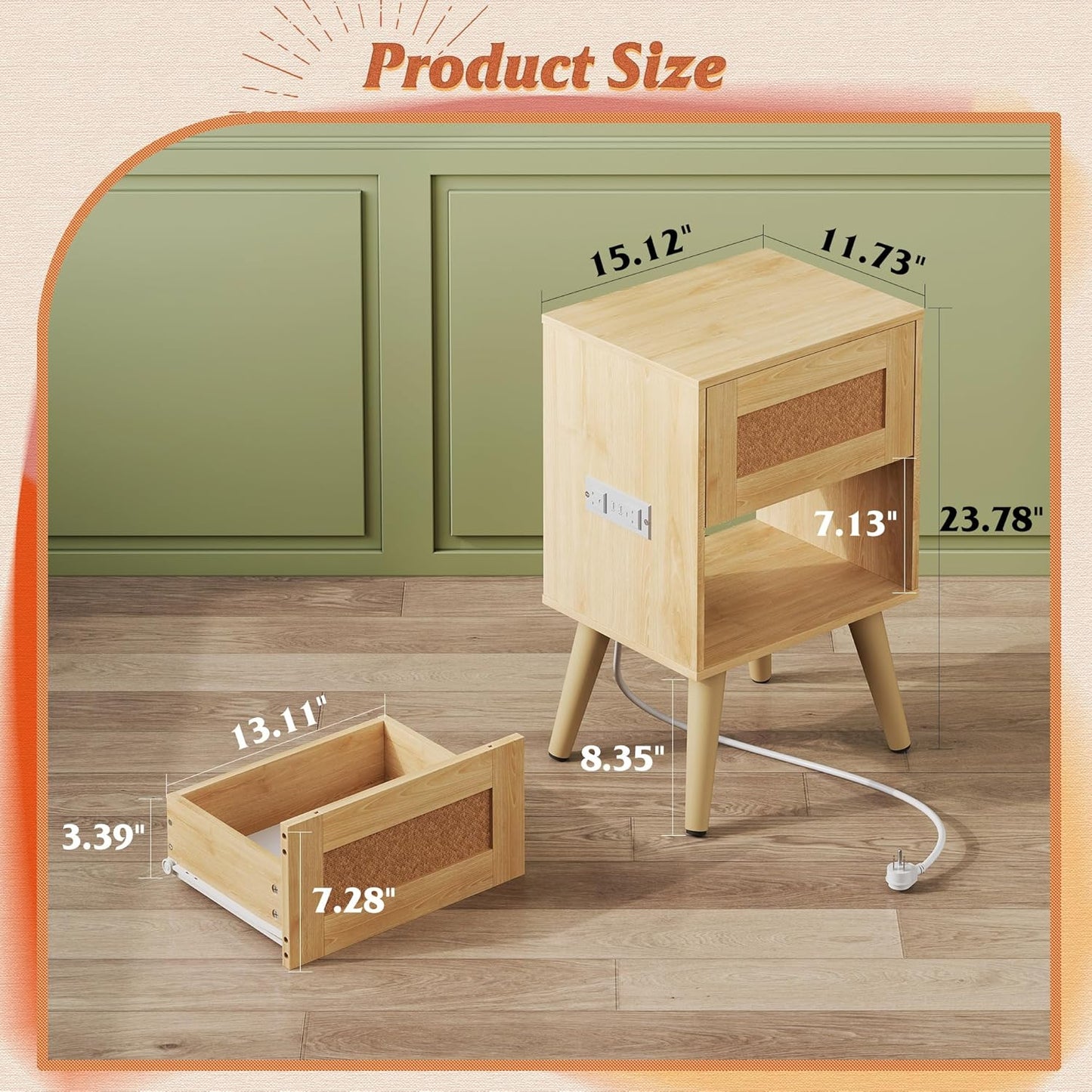 WLIVE Rattan Nightstands Set of 2 with Charging Station, Boho Nightstand, Wood Side Table, Small End Table with Drawers for Bedroom, Natural Oak