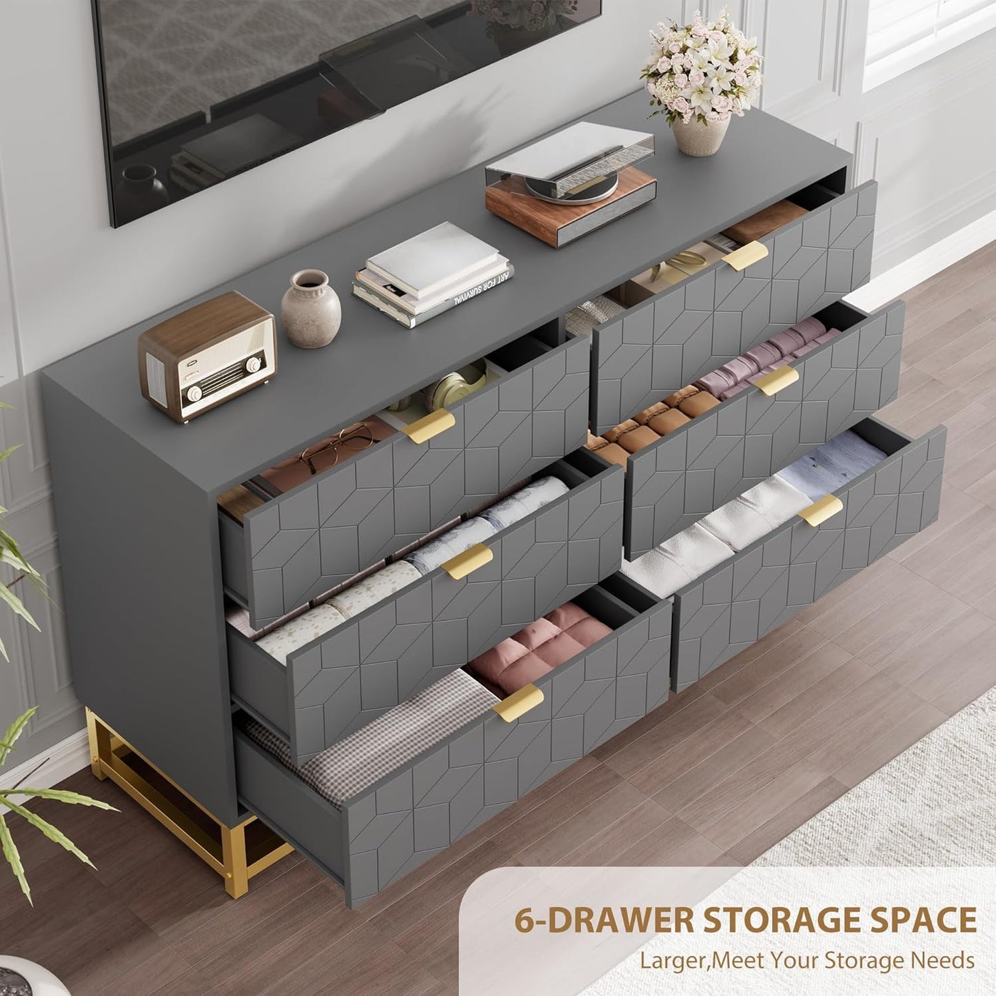 Dresser for Bedroom, 53.5" Large Dresser Organizer, 6 Drawer with Golden Metal Handle and Legs, Modern Chest of Drawers, Grey Dressers with Drawers for Closet, Hallway, Living Room, Entryway
