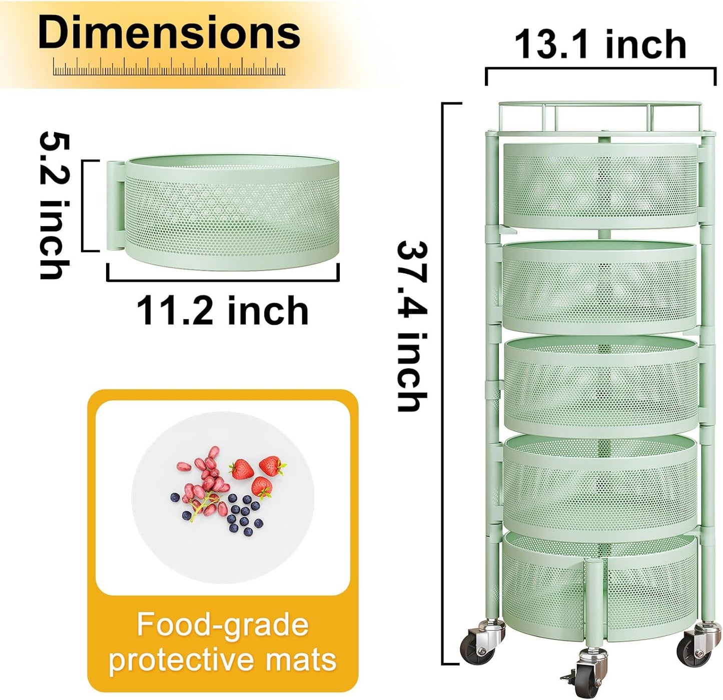 SNTD Fruit and Vegetable Basket Bowls for Kitchen with Metal Top Lid, 5 Tier Rotating Storage Rack Cart for Potato Onion Bread Banana, Wire Basket Organizer on Wheels, Large (Green)