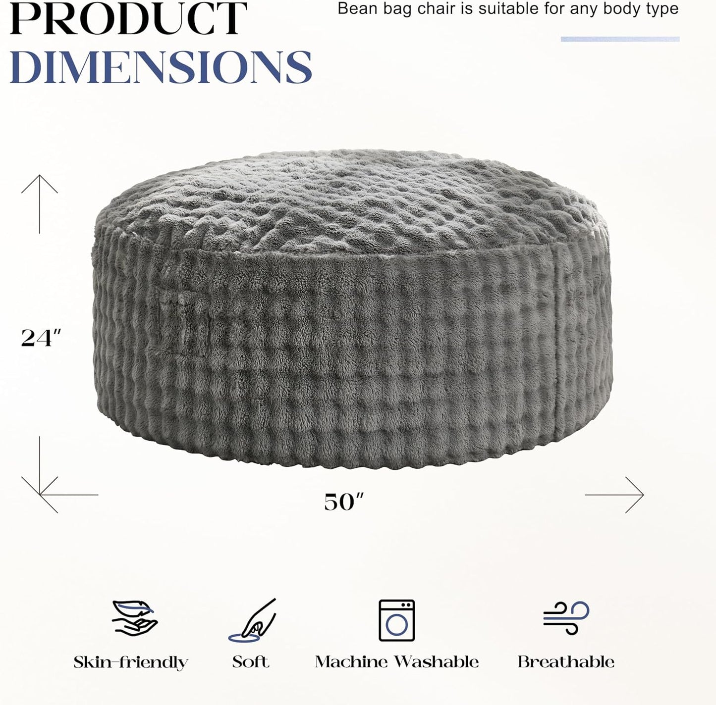 Hobestluk Bean Bag Chairs 5ft Beanbag Chair with Filler Adult Bean Bags with Fluffy & Machine Washable Cover, Giant Bean Bag Chairs for Adults (Grey, 5FT-50" x 50" x 24")