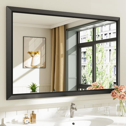 48x32 Inch Black Bathroom Mirror for Wall, Thick Metal Framed Rectangle Mirrors for Over Sink, Bedroom, Living Room, Entryway, Anti-Rust, HD Tempered Glass