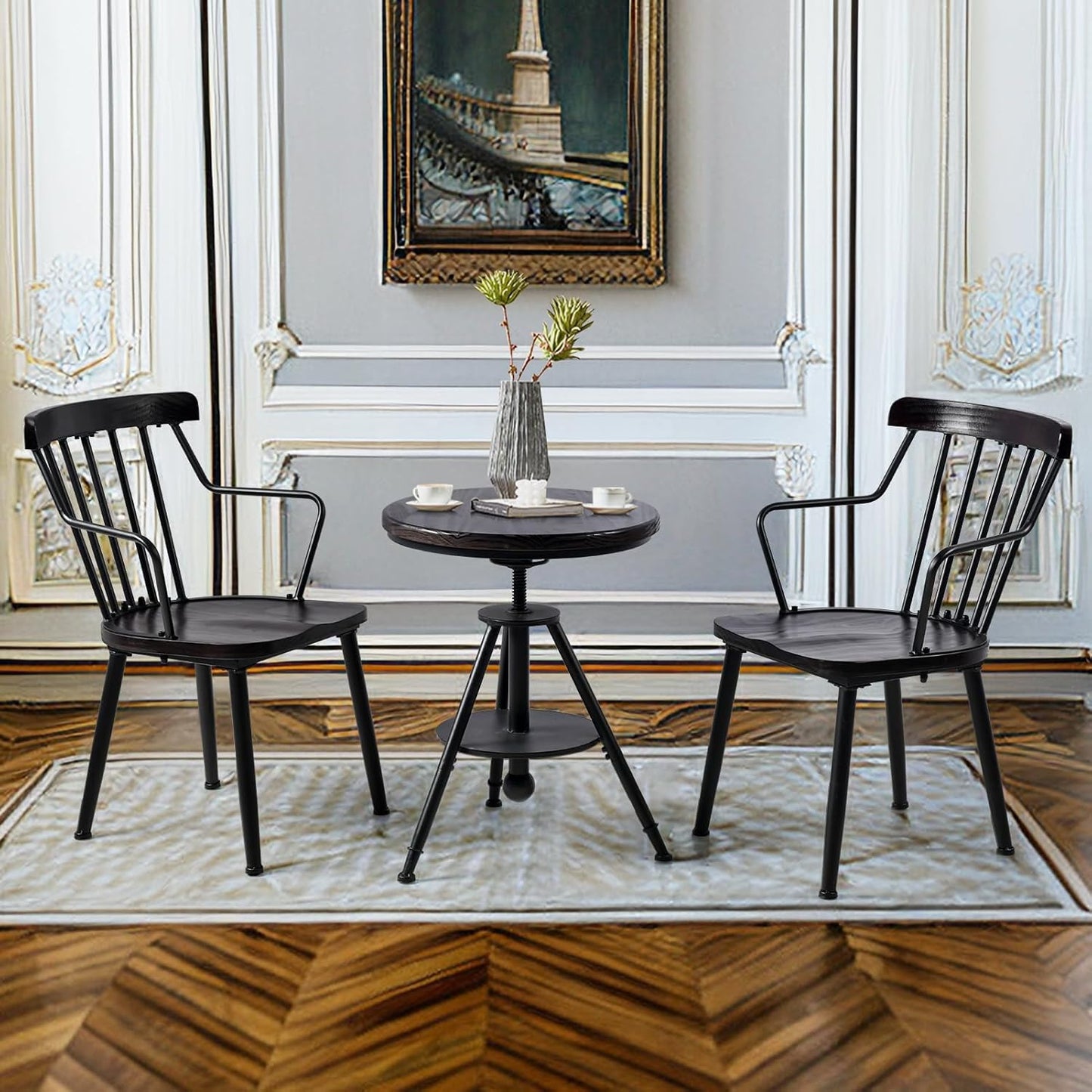 Industrial Vintage Cafe Farmhouse Dining Table - Rustic Round Wooden Top, Height Adjustable 21-29in