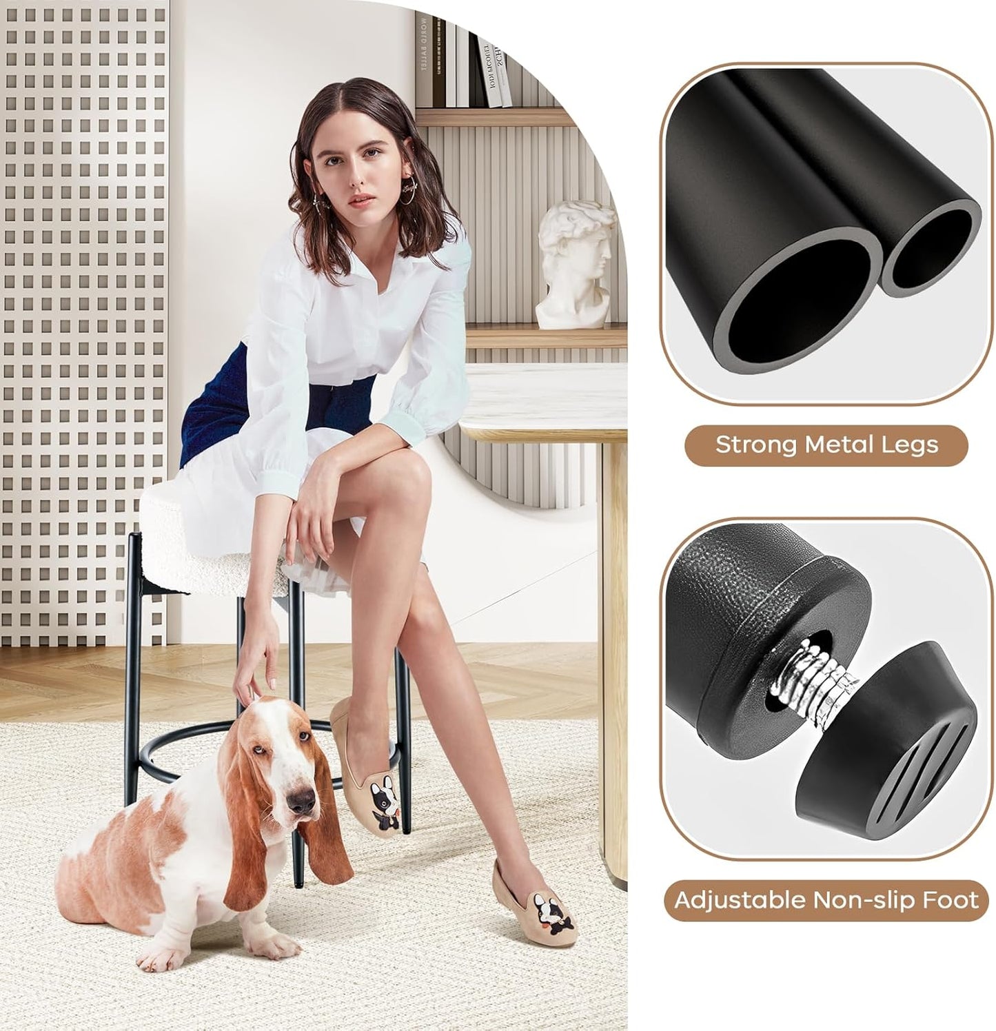 Modern Dining Chairs Set of 4, 23.6" White Round Backless Boucle Sherpa Upholstered Dining Chair with Solid Metal Legs for Kitchen, Living Room