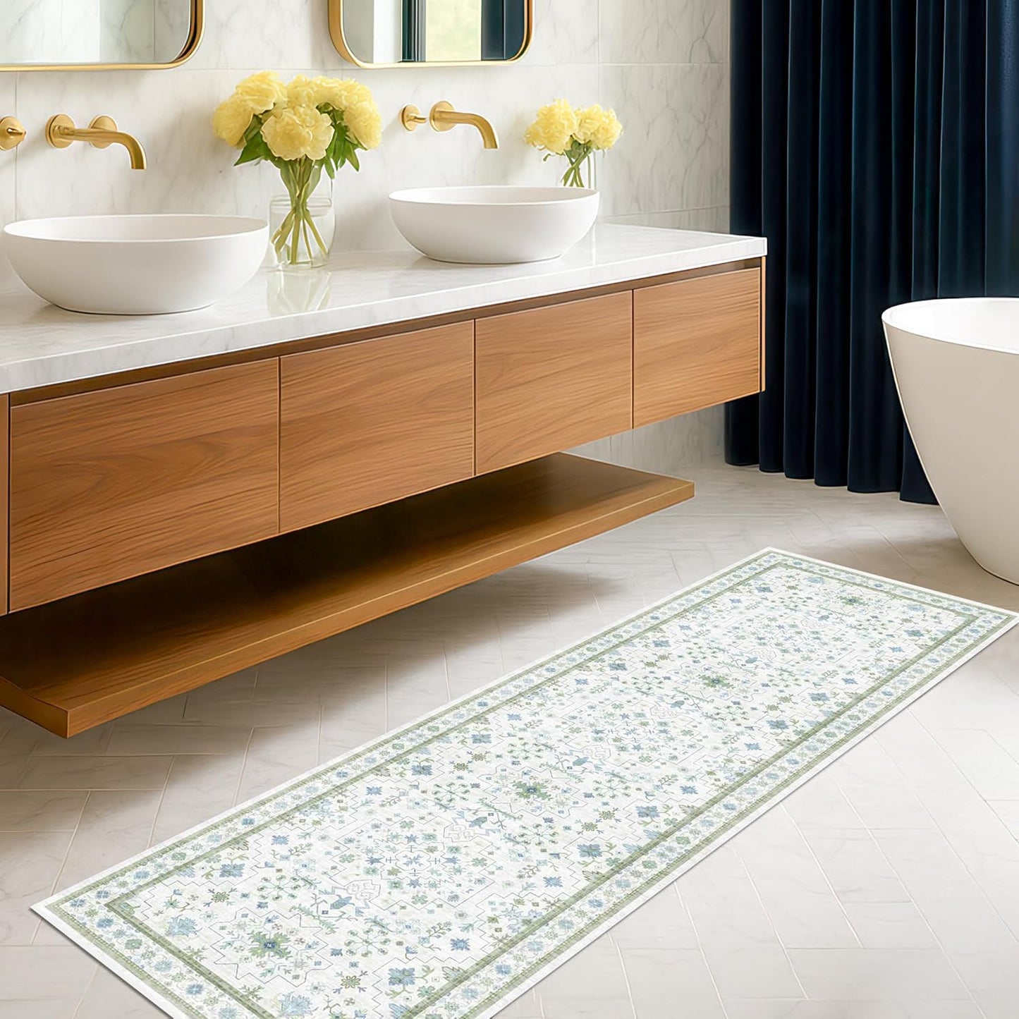 Boho Bathroom Runner 2x7 - Cream Green Oushak Floral Turkish, Washable Low Pile Non Slip Stain Resistant Small Accent Rug for Kitchen, Hallway