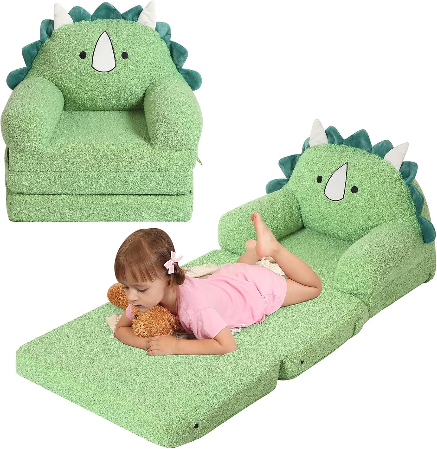 Foldable Kids Sofa, Triceratops Toddler Couch With Tri Folding Foam Cushions, Comfy Couch for Ages 18 Months and Up