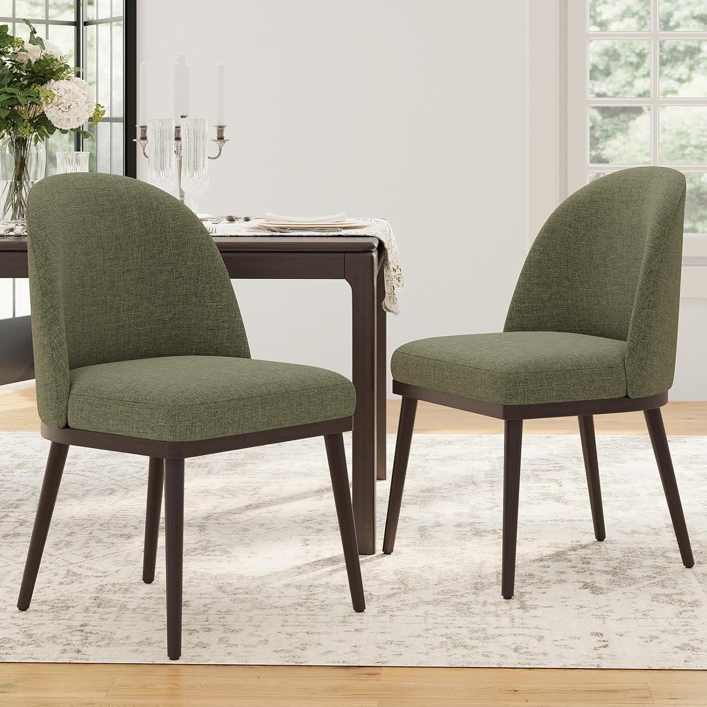 COLAMY Upholstered Dining Chairs Set of 6, Large Dining Room Kitchen Chairs with High Back and Deep Seat, Modern Fabric Dinner Chairs with Wood Legs, Green