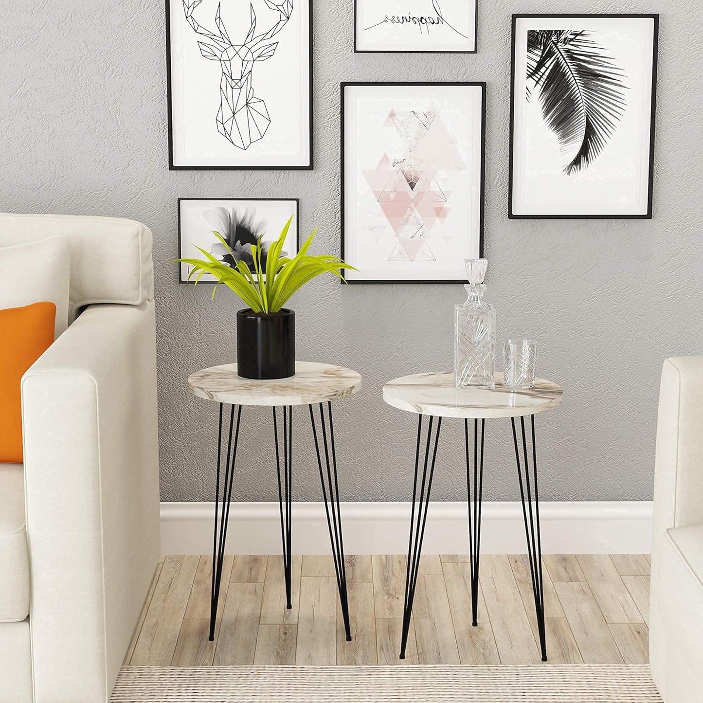 PAK HOME - Set of 2 End Table - White Marble Look Round Wood Sofa Side Coffee Tables for Small Spaces, Nightstand Bedside Table for Small Spaces