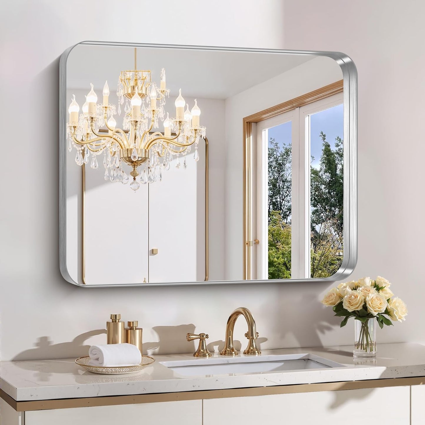 FORBATH 30x36 Inch Bathroom Mirror, Brushed Silver Deep Frame Wall Mirror with Rounded Corners, Anti-Rust Tempered Glass for Modern Farmhouse Vanity (Horizontal/Vertical Hanging)