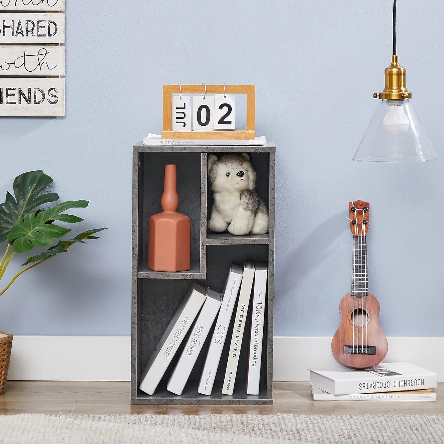 VECELO Small Bookshelf, 3 Cube Shelf, Fits Tallest Hardcovers, Horizontal Available, Modern Storage Organzier for Small Spaces, Modern Gray