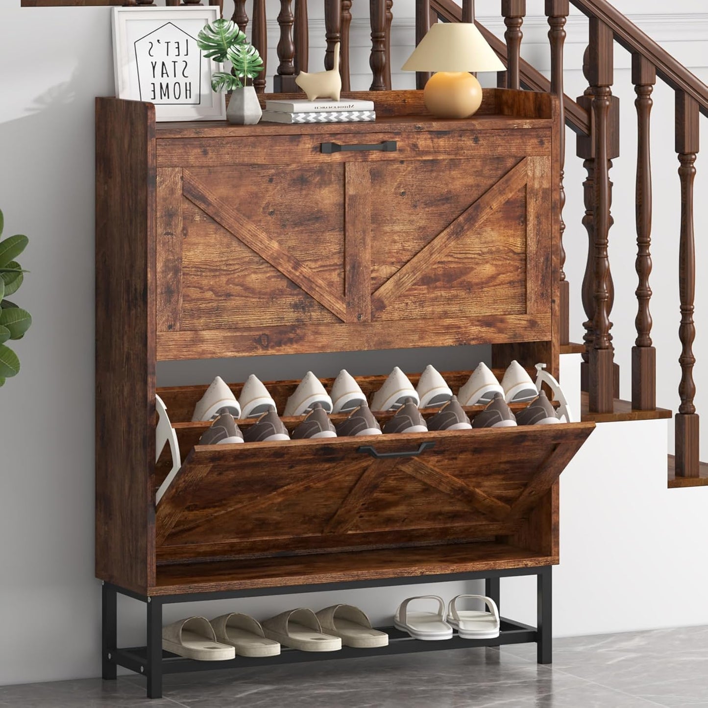 JSB Shoe Cabinet with 2 Flip Drawers, Freestanding Storage Organizer Shelf with Metal Legs, Narrow Shoe Rack Cabinet for Entryway (Rustic Brown, 2-Drawers)