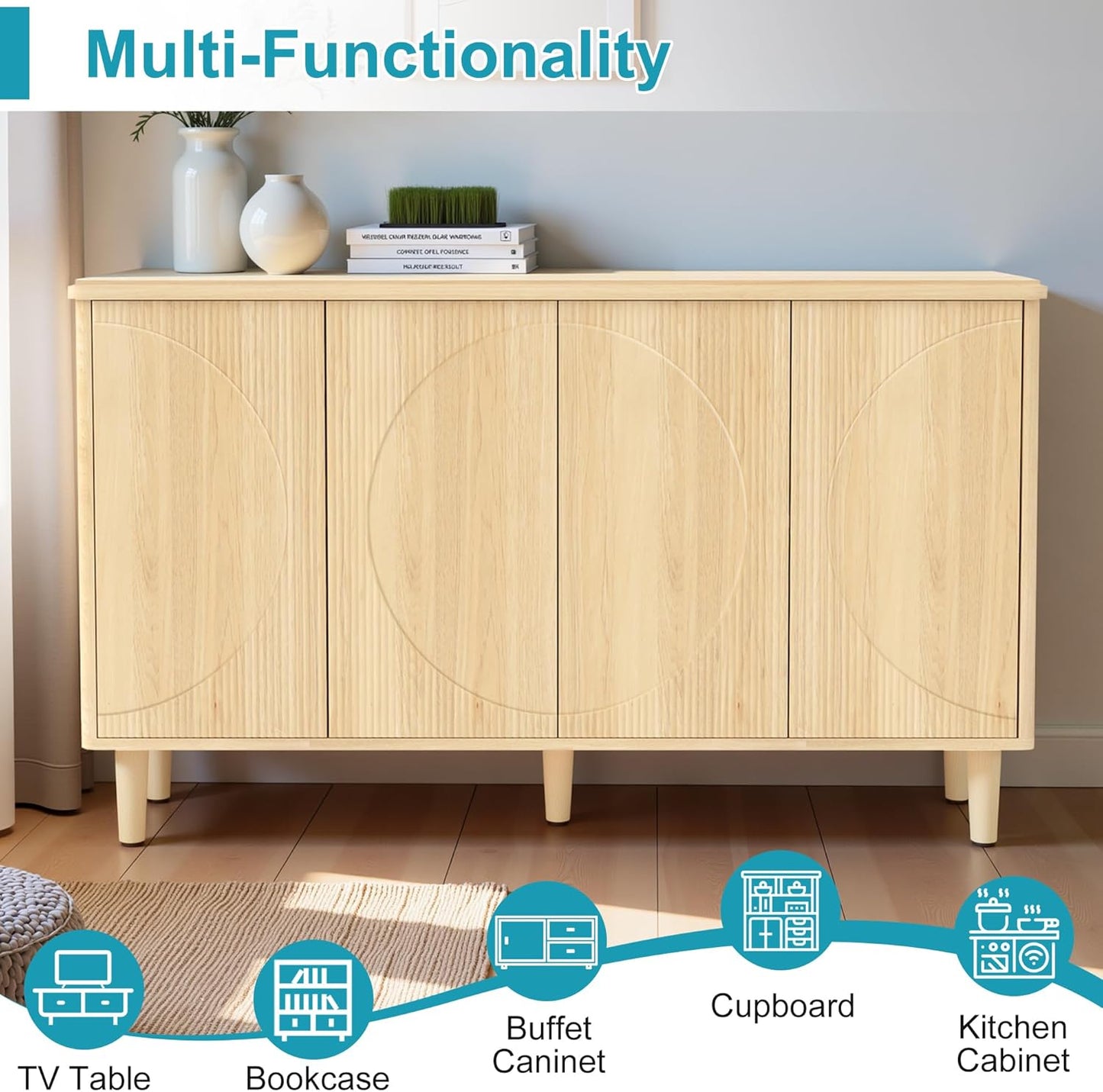 59.4" Sideboard Buffet Cabinet with Storage, Kitchen Buffet Storage Cabinet with Doors & Shelves, Modern Sideboard for Living Room, Kitchen, Hallway, Light Walnut