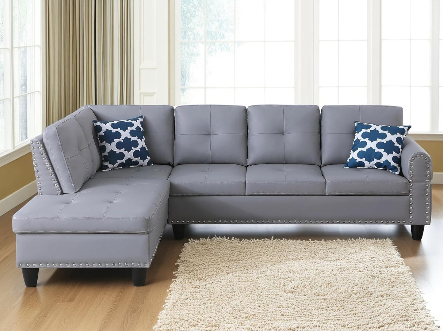 98 Inch L Shaped Sectional Sofa with Chaise Lounge, Storage Ottoman and 2 Pillows, 4-Seaters Faux Leather Upholstered Tufted Couch w/Cupholder & Nailhead Trim for Living Room, Office, Gray