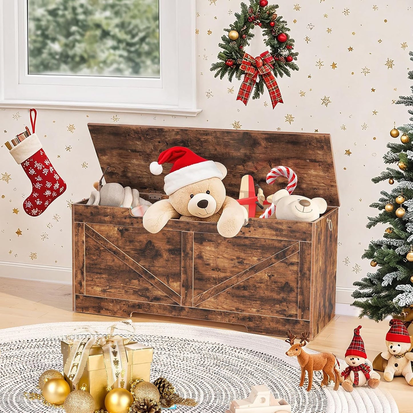 HOOBRO Storage Bench, 43.3” Retro Wooden Storage Chest with U-Shaped Cut-Out Pull, Safety Hinge, Supports 220 lb and Easy Assembly for Toy Box Organizer (Rustic Brown) BF772CW01