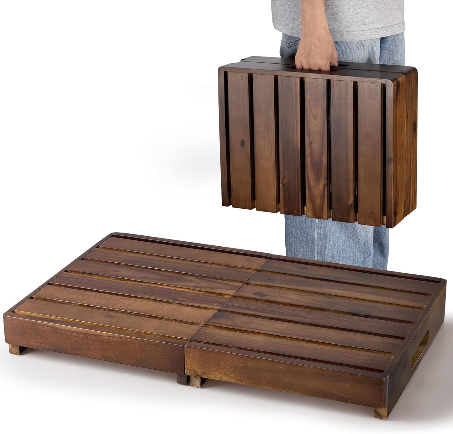 HOLANA 25in Wood Step Stool for Adults - Foldable Stepping Stool for Adults, Half Steps for Seniors - Acacia Wood Platform, Mobility Step - Wooden Platform 400 Lbs, Integrated Handles (Walnut Color)