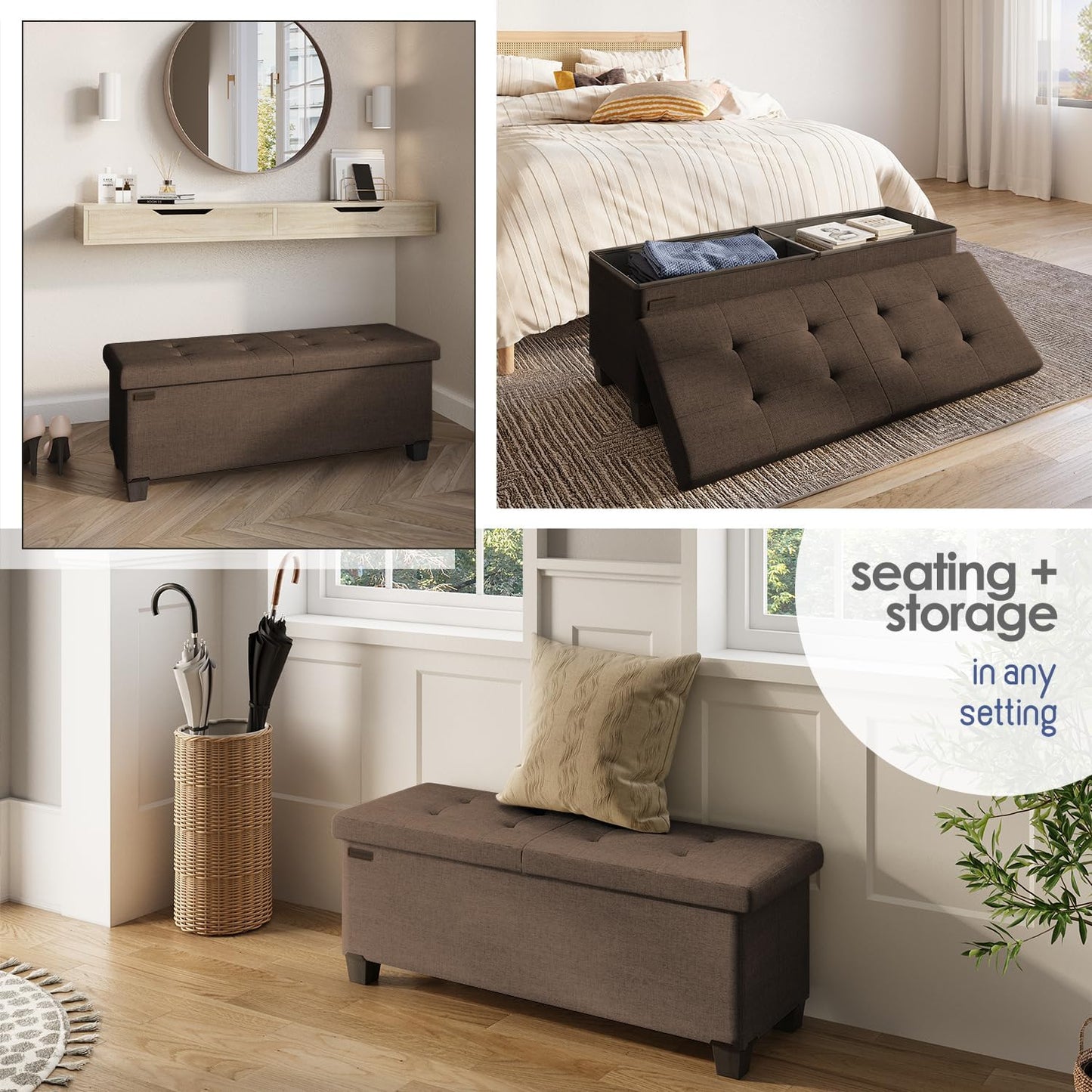 STORAGEBUD Storage Ottoman Bench with Bins, 43-in Storage Bench for Bedroom End of Bed, Folding Foot Rest Ottoman for Living Room Max 660lbs, Fabric Ottomans, Brown