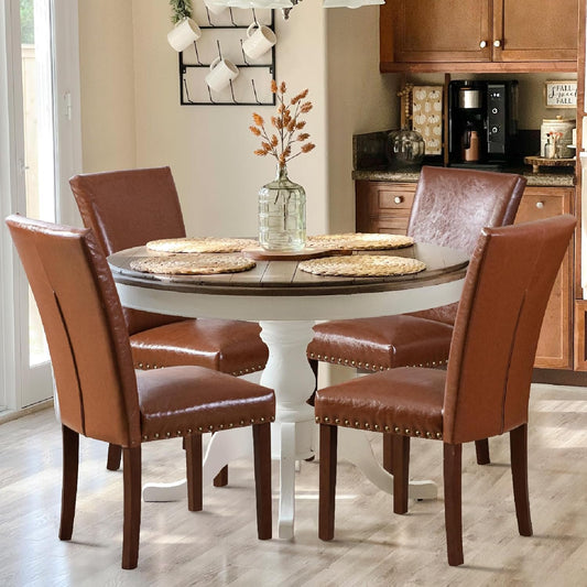 COLAMY Upholstered Parsons Dining Chairs Set of 4, PU Leather Dining Room Kitchen Side Chair with Nailhead Trim and Wood Legs - Light Brown