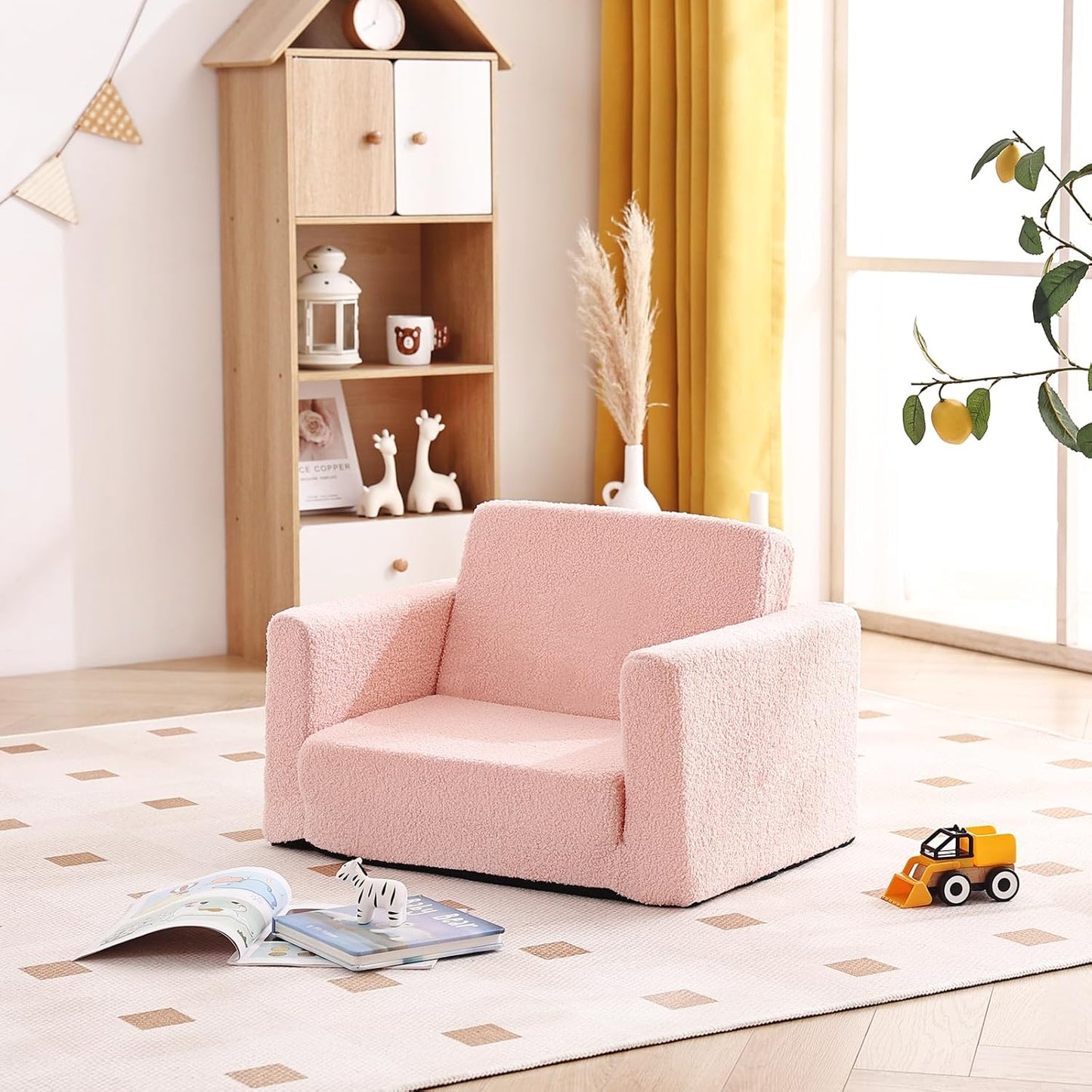 Tiita Kids Chair Couch, Folding Toddler Comfy Sofa Chairs, 2-in-1 Kids Plush Sofas Fold Out, Baby Armrest Chair Sofa to Lounger, Convertible Play Sofas to Bed for Girl or Boy, Pink