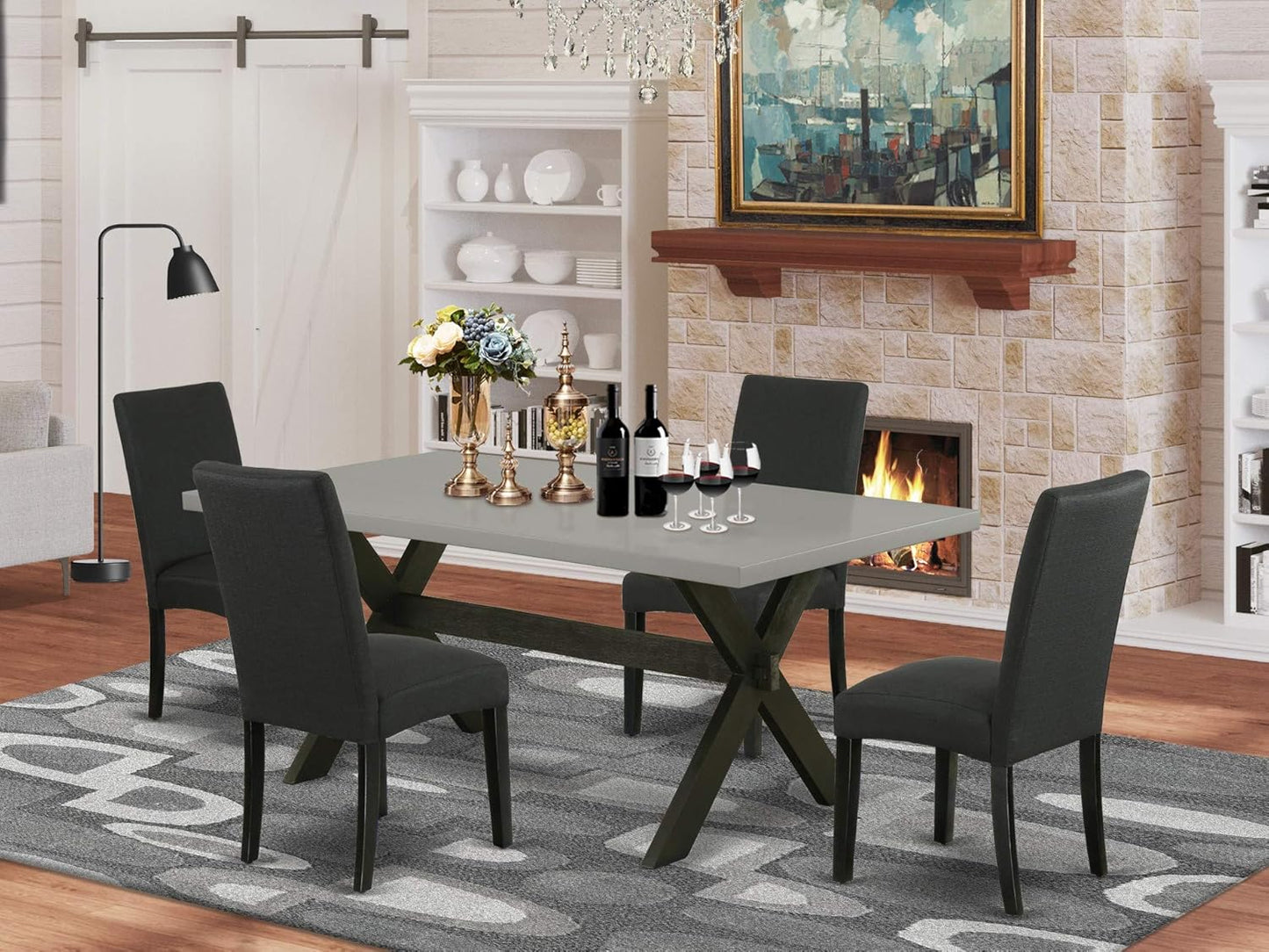 East West Furniture X697DR124-5 5 Piece Dining Room Furniture Set Includes a Rectangle Dining Table with X-Legs and 4 Black Color Linen Fabric Upholstered Chairs, 40x72 Inch, Multi-Color