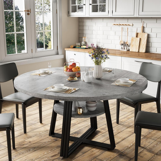 GarveeHome Round Dining Table for 4-6, 47.2" Farmhouse Kitchen Table with Storage, Circle Dinner Tables for Kitchen, Dining Room, Living Room, Meeting Room, Apartment, Grey