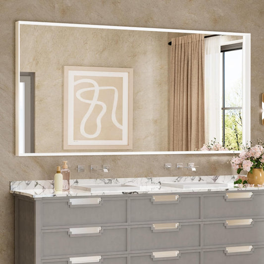 Keonjinn White Bathroom Mirrors for Over Sink 72 x 36 Inch Large Bathroom Vanity Mirror for Wall Metal Frame Modern Rectangle Mirror Square Corner Matte White Rectangular Mirror(Horizontal/Vertical)