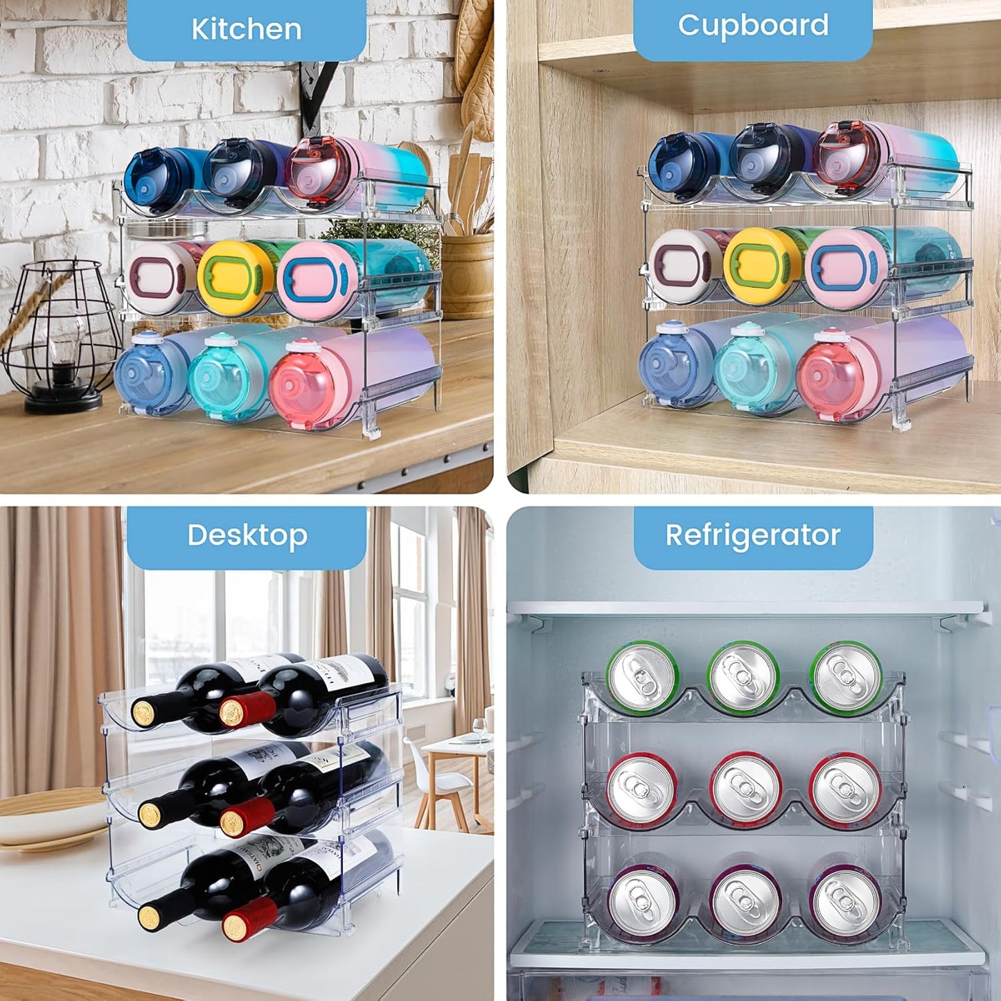 Water Bottle Organizer for Cabinet, 3 Pack Water Bottle Organization and Storage Shelf, Plastic Water Bottle Holder Rack for Fridge, Kitchen, Desktop